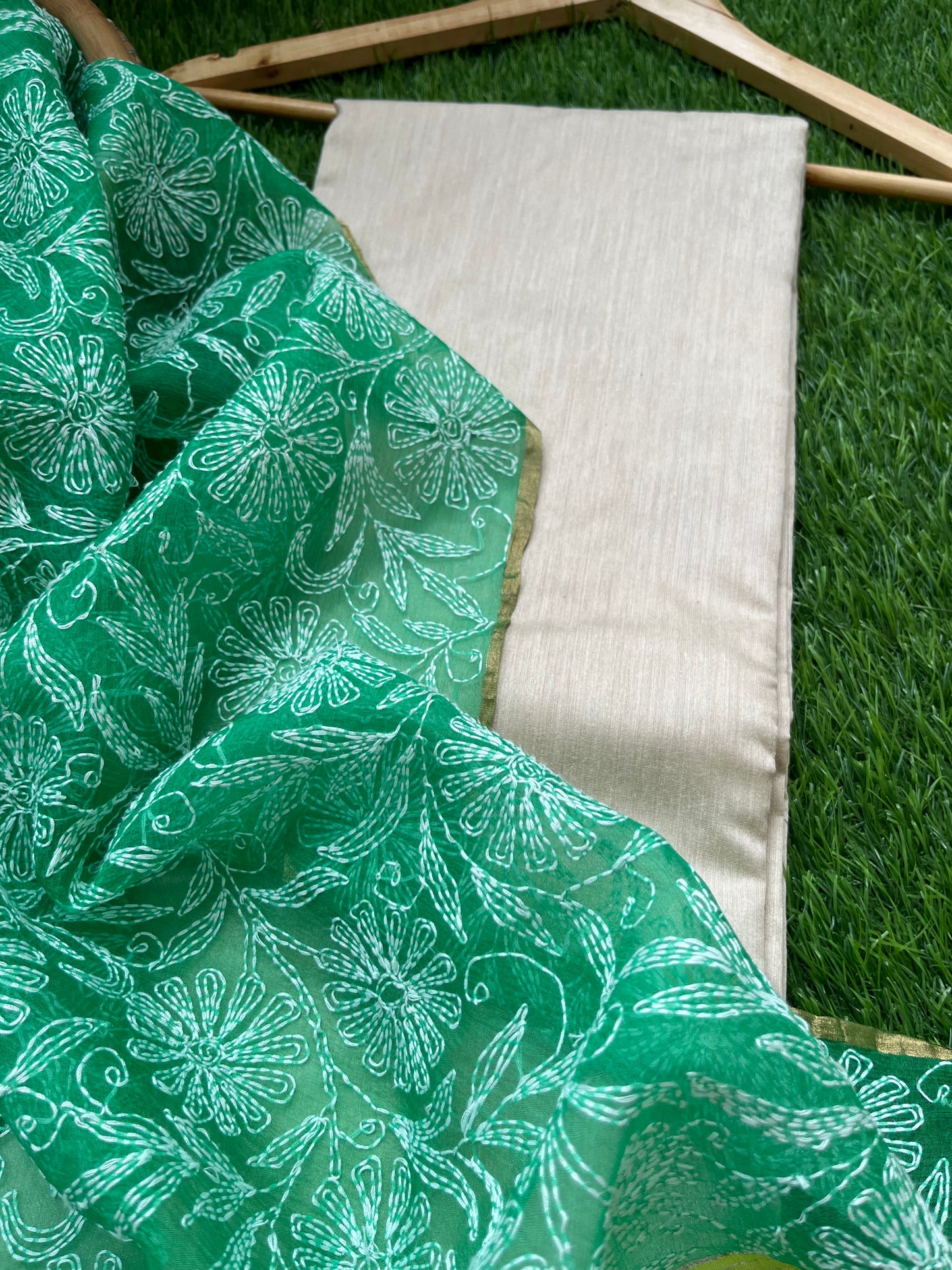 त्योहार - munga silk kurta bottom fabric organza chikan work dupatta