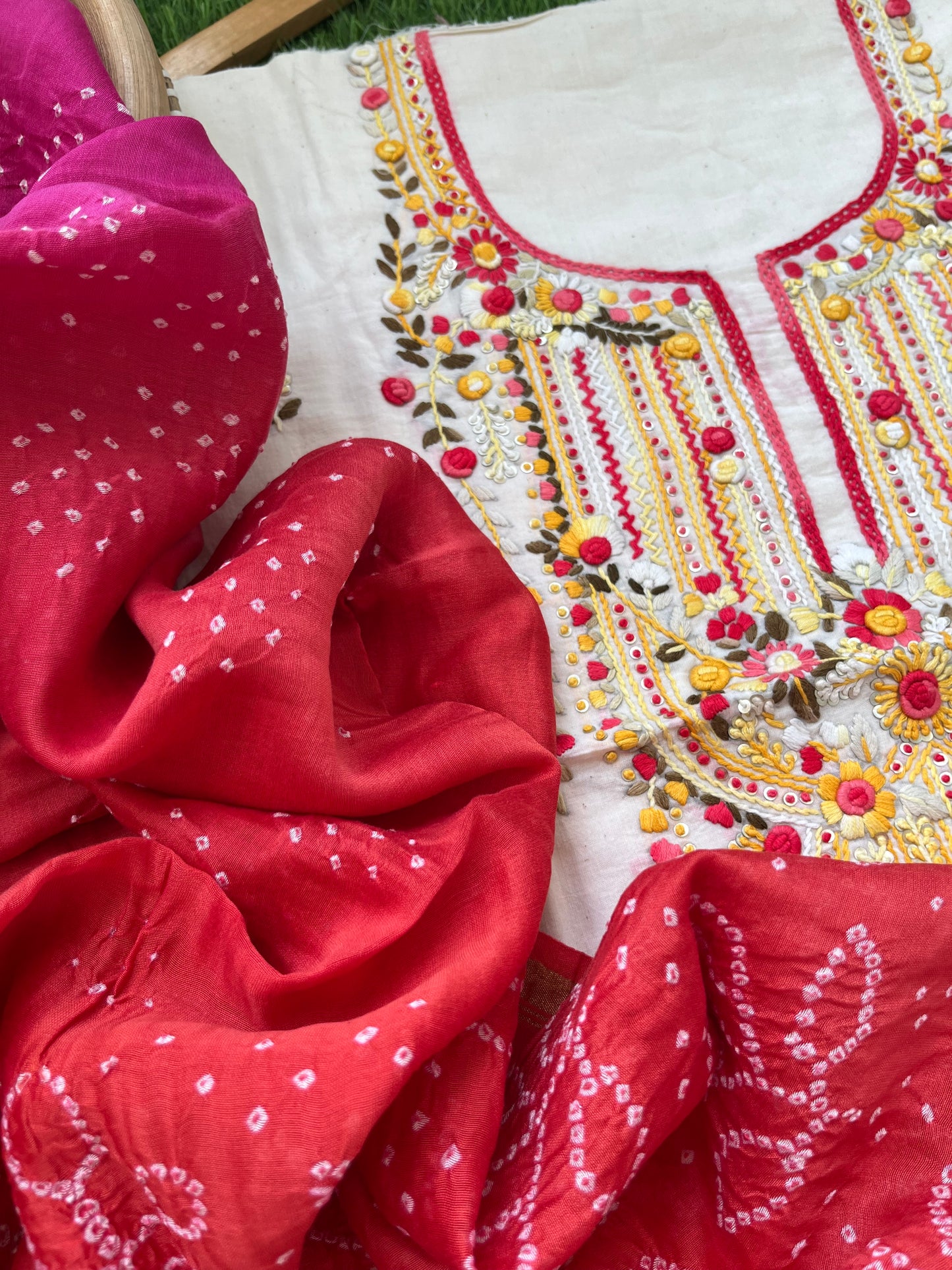 Handwoven Cotton knot work embroidered kurta bandhani dupatta and plain bottom fabric