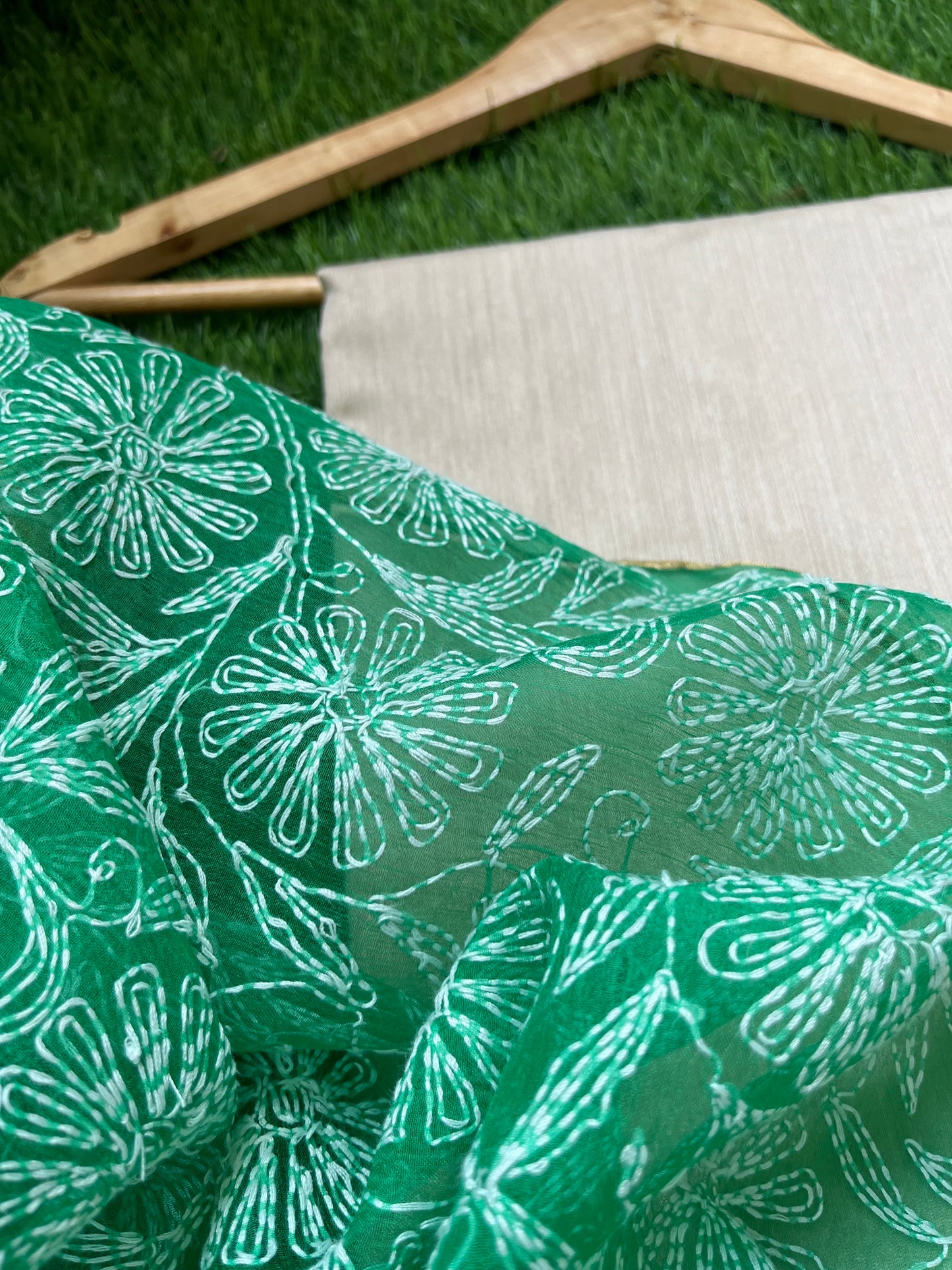 त्योहार - munga silk kurta bottom fabric organza chikan work dupatta