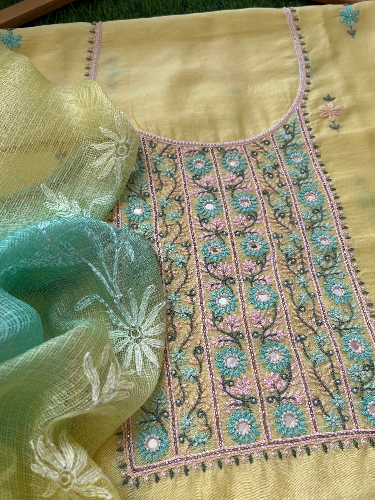 Hand embroidered chanderi kurta kota silk chikan work dupatta