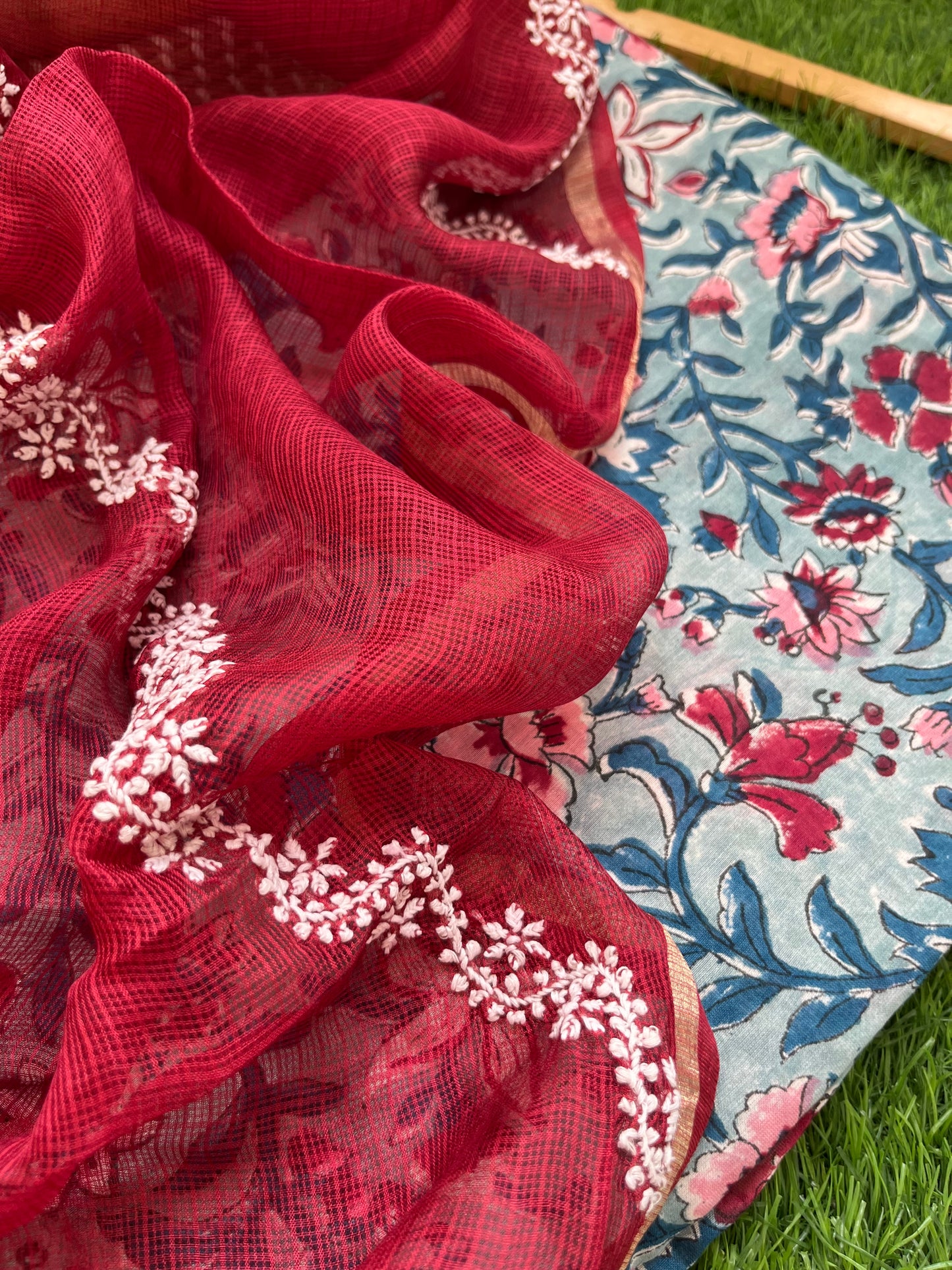 रोज़ाना :Kota Silk Chikankari Dupatta with chanderi block print kurta Fabric