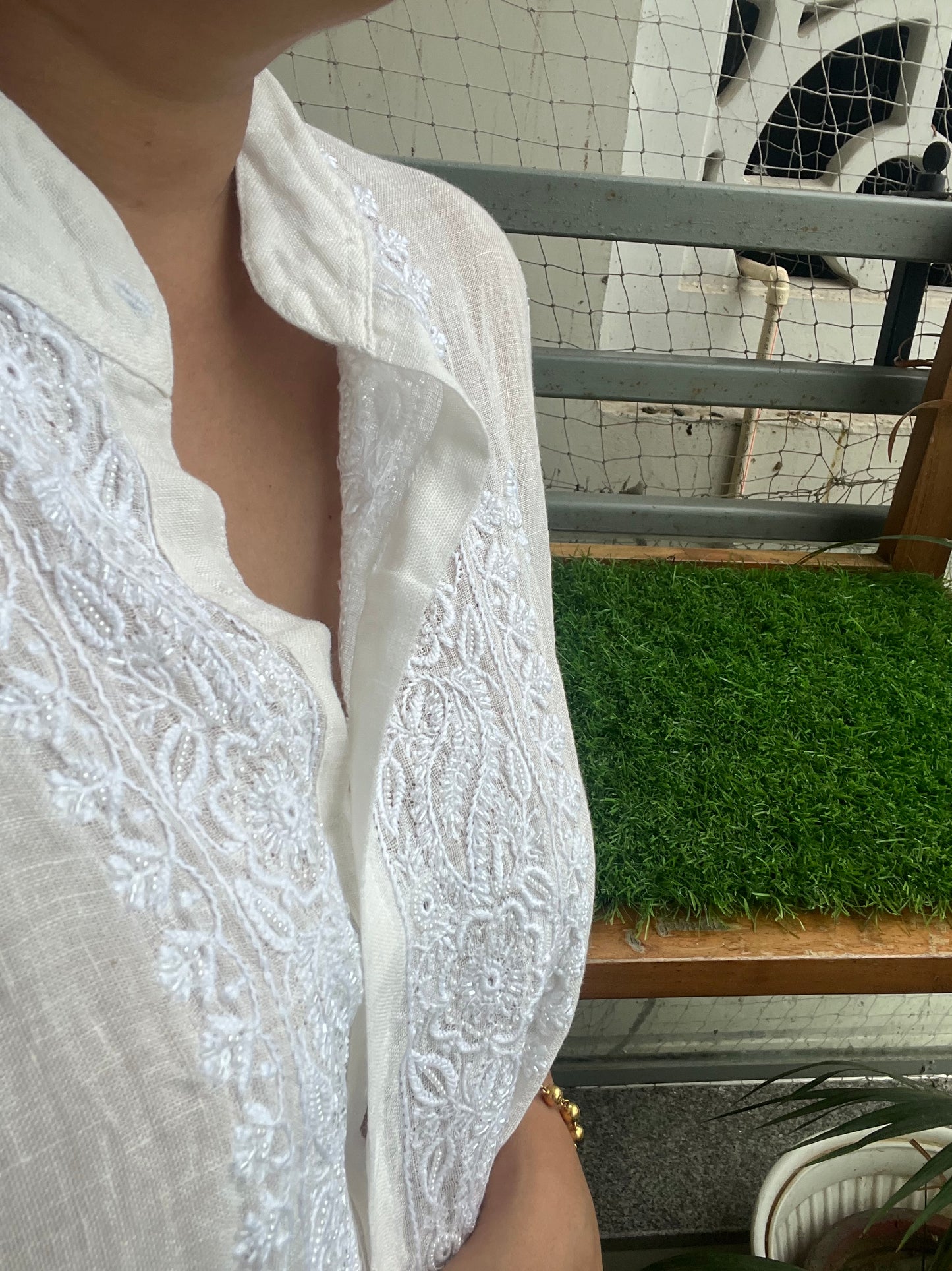 Linen chikan shirt and a-bottom-coord set