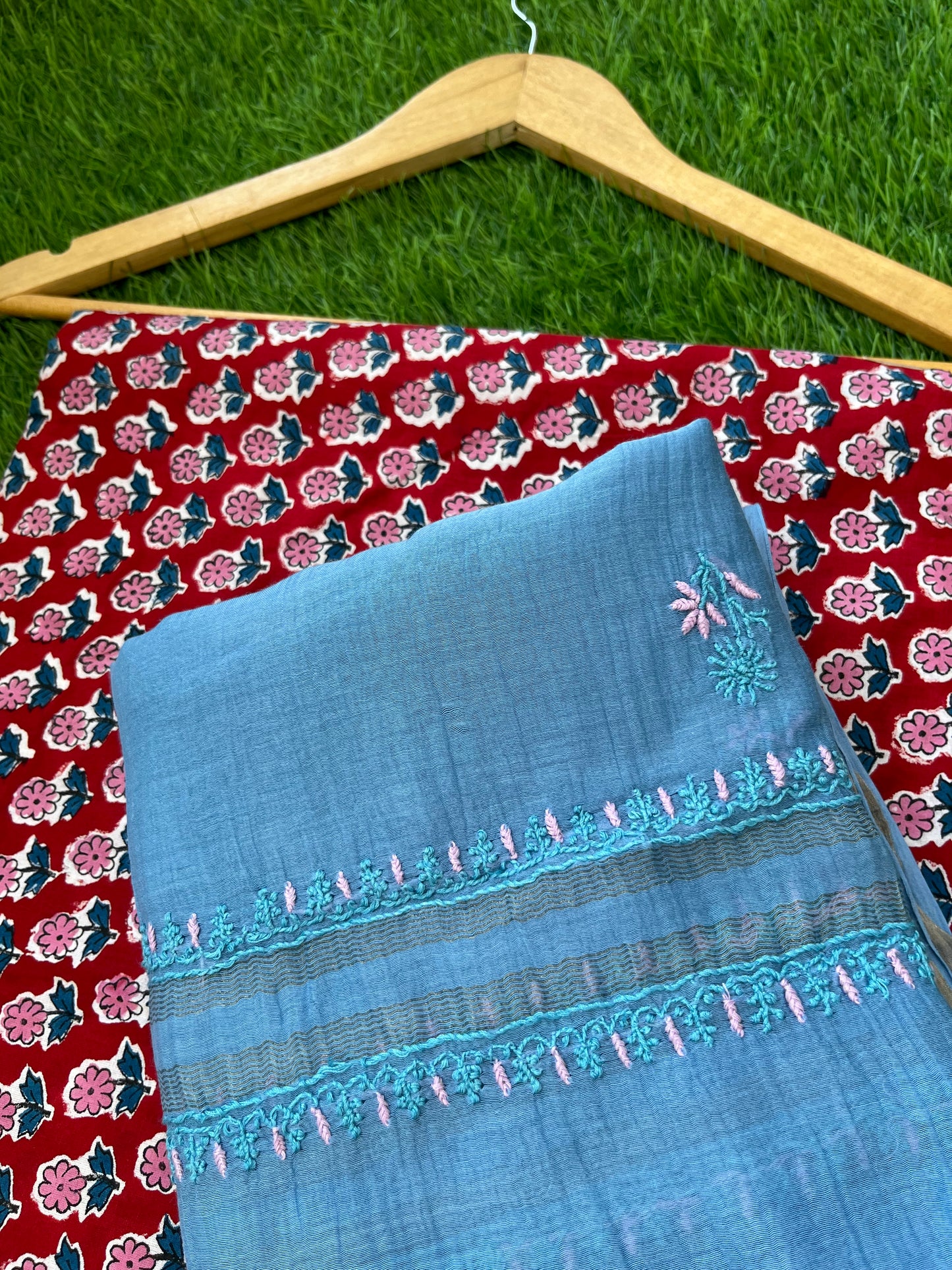 रोज़ाना :Chanderi Chikankari Dupatta with cotton block print kurta bottom Fabric