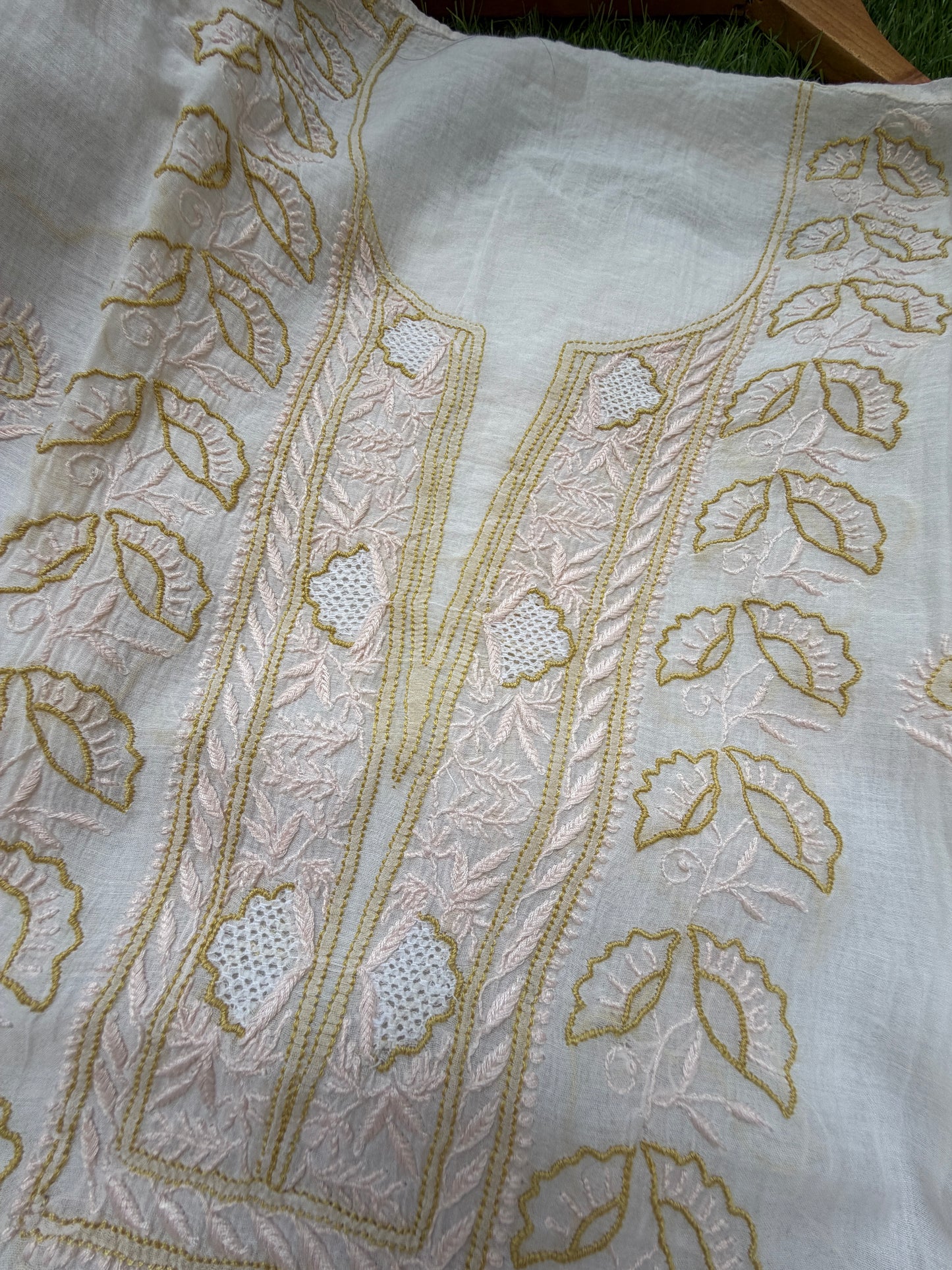 Semi stitched Chanderi Chikankari Kurta Dupatta