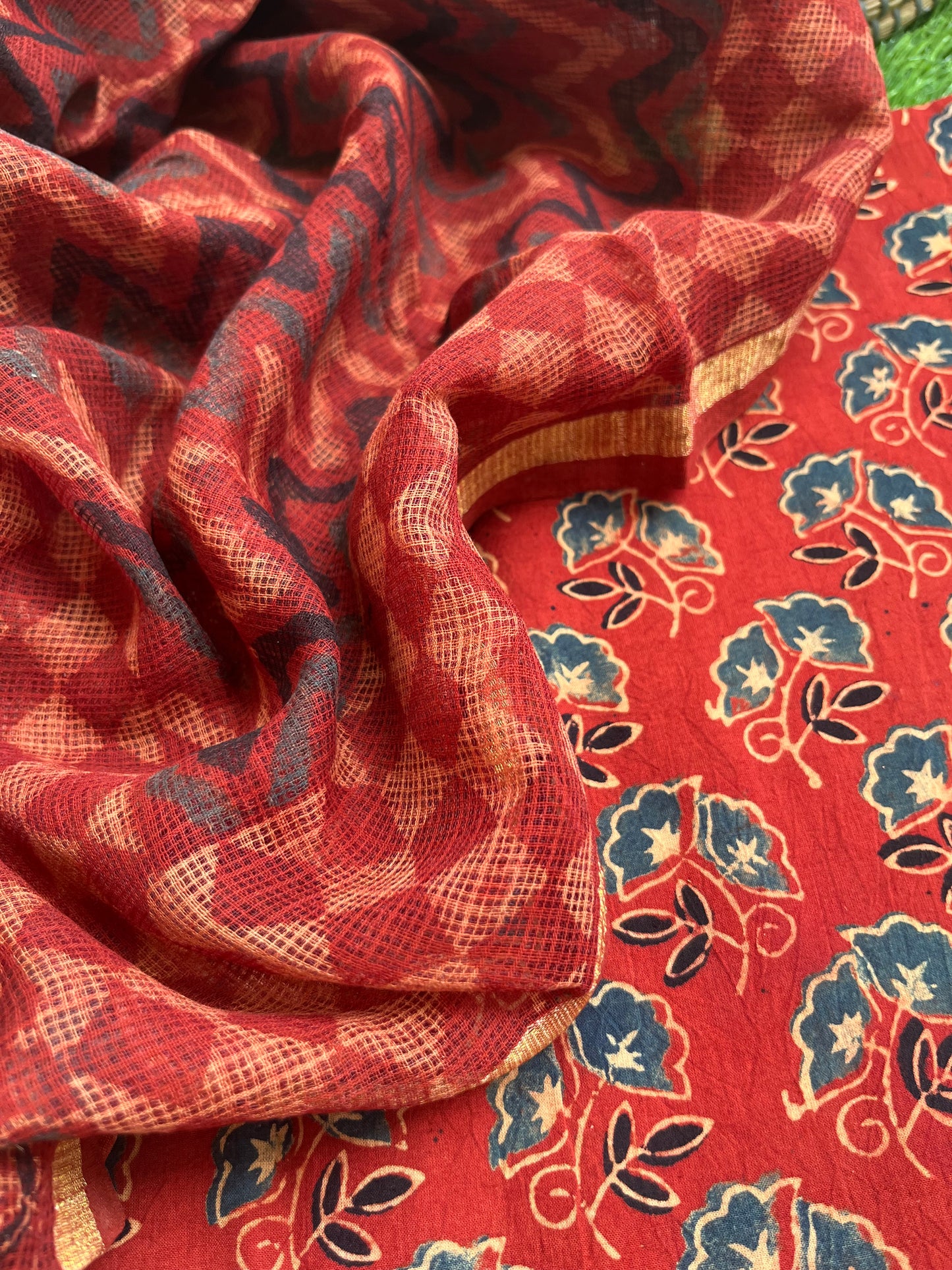 Ajrakh cotton Kurta and kota doria dupatta