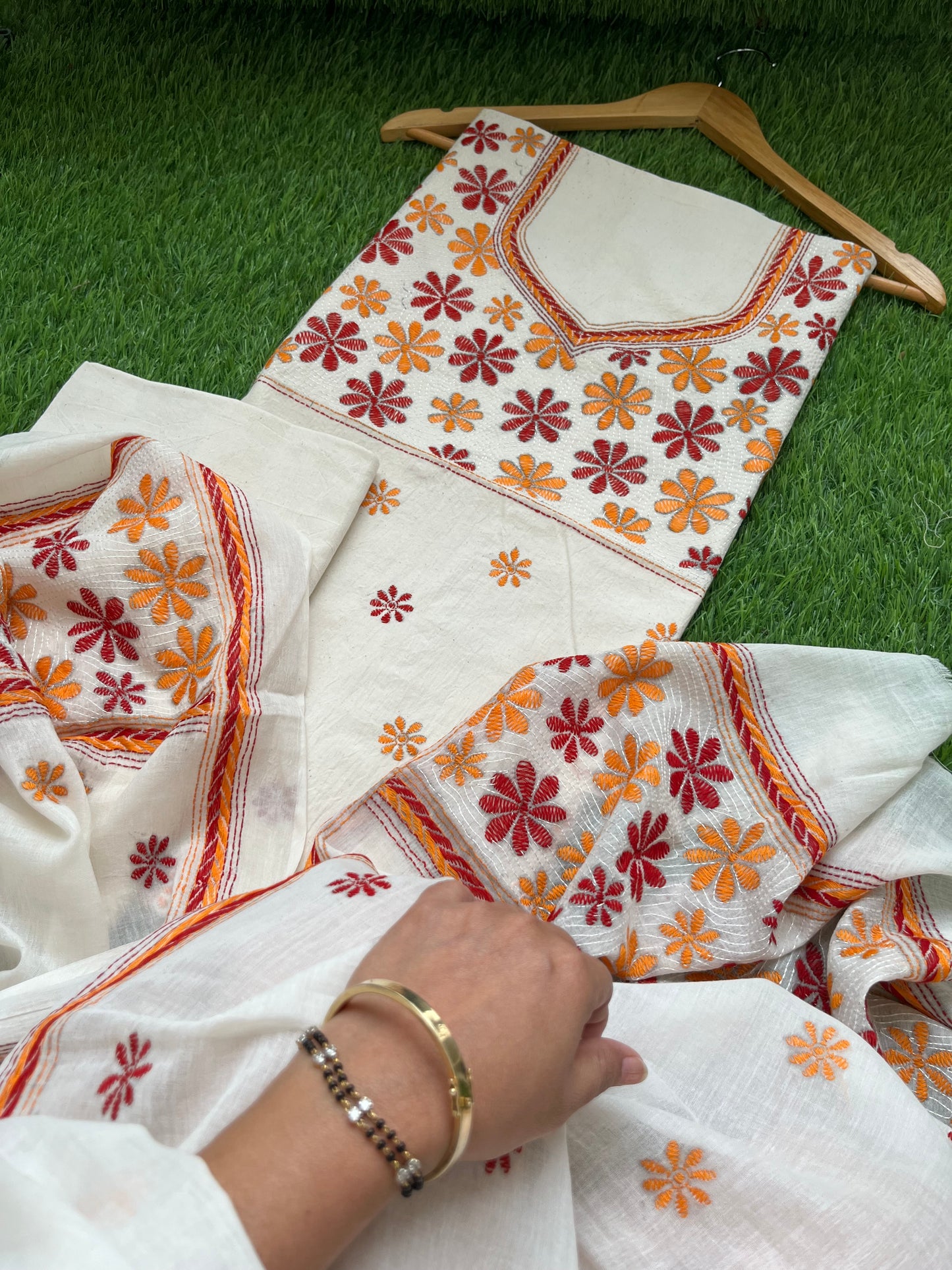 Handwoven Cotton Kantha Kurta Dupatta