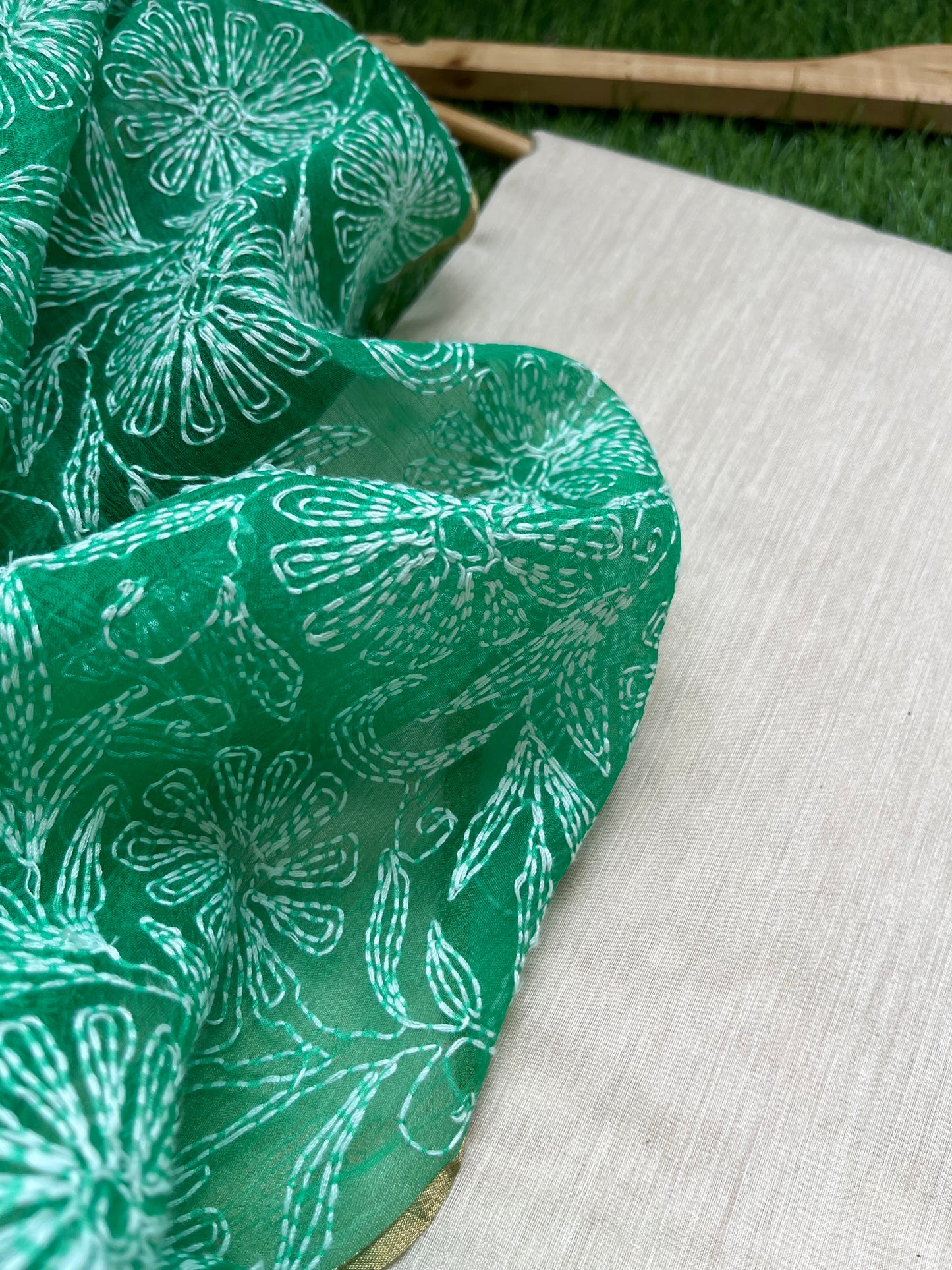 त्योहार - munga silk kurta bottom fabric organza chikan work dupatta