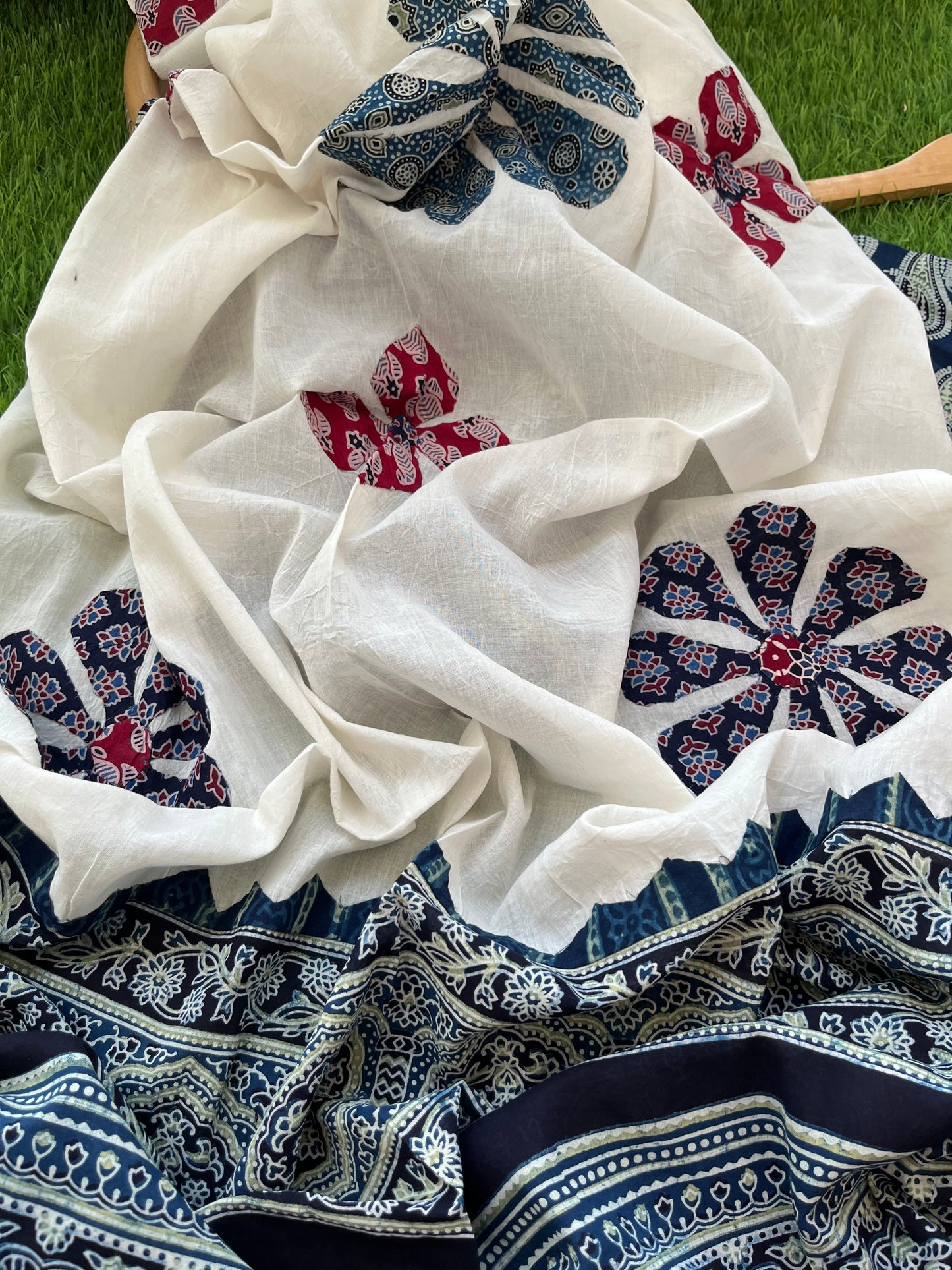 Cotton ajrakh kurta applique work dupatta set