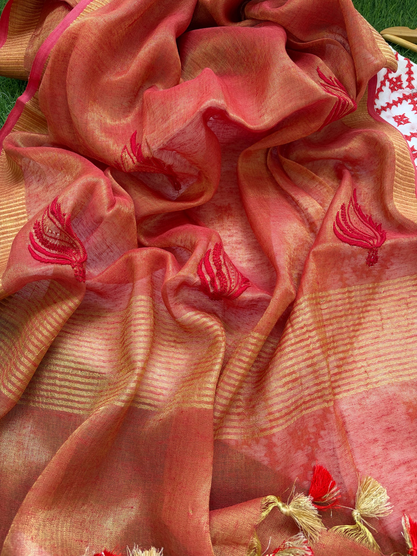 Cotton sindhi work kurta fabric with linen chikankari dupatta