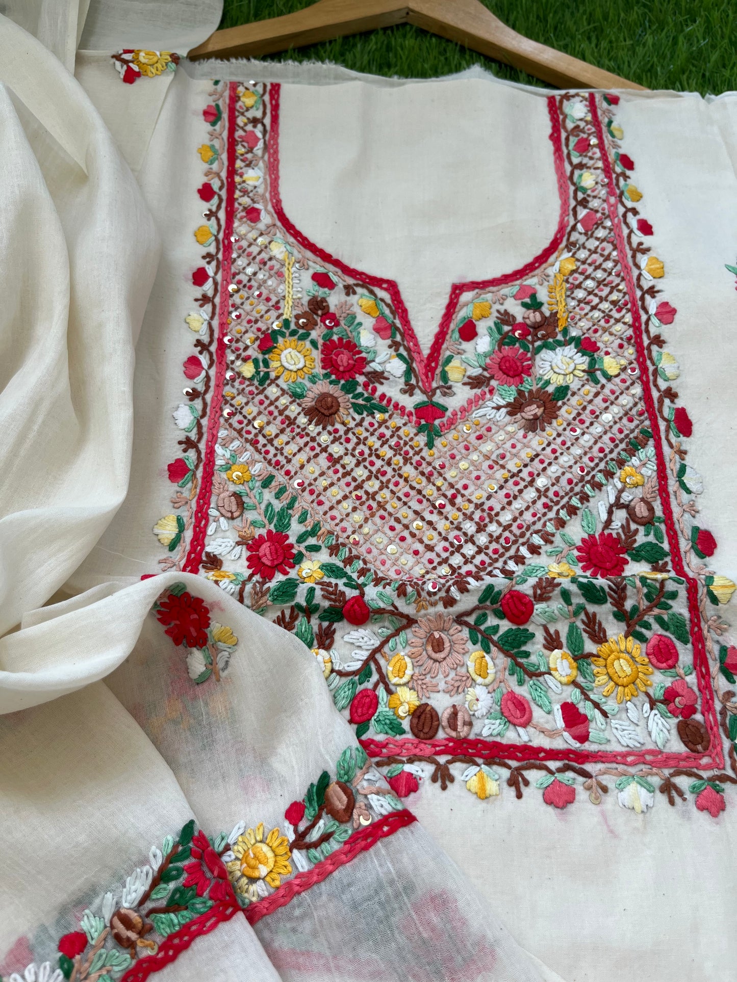 Handwoven Cotton knot work embroidered kurta dupatta and plain bottom fabric