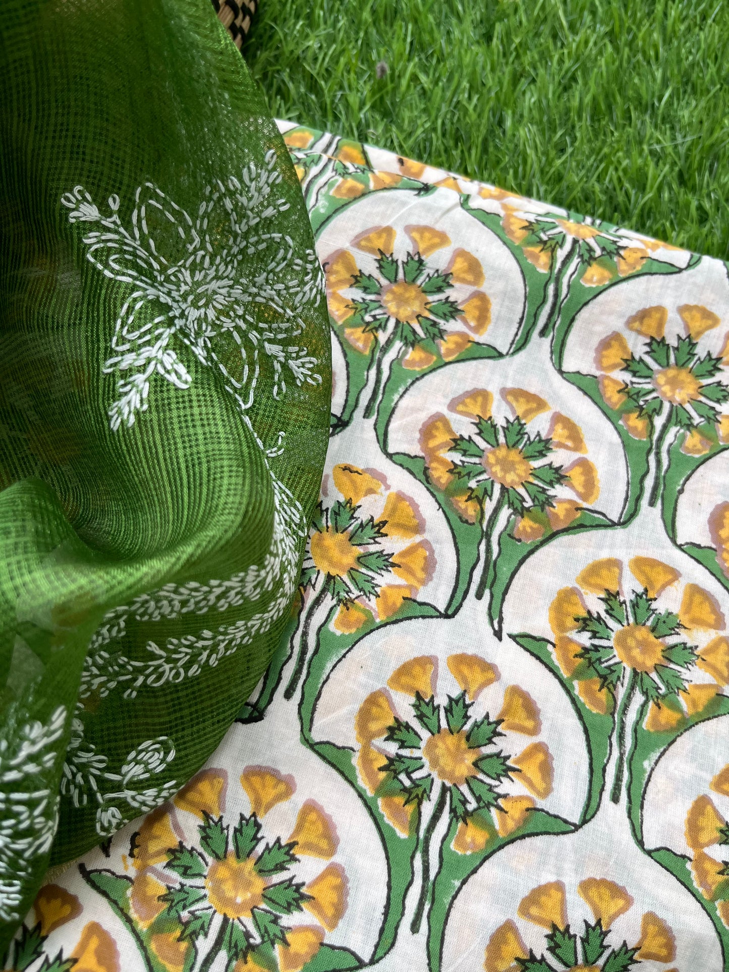 Chikankari kota silk Dupatta and block print kurta bandhani bottom Fabric