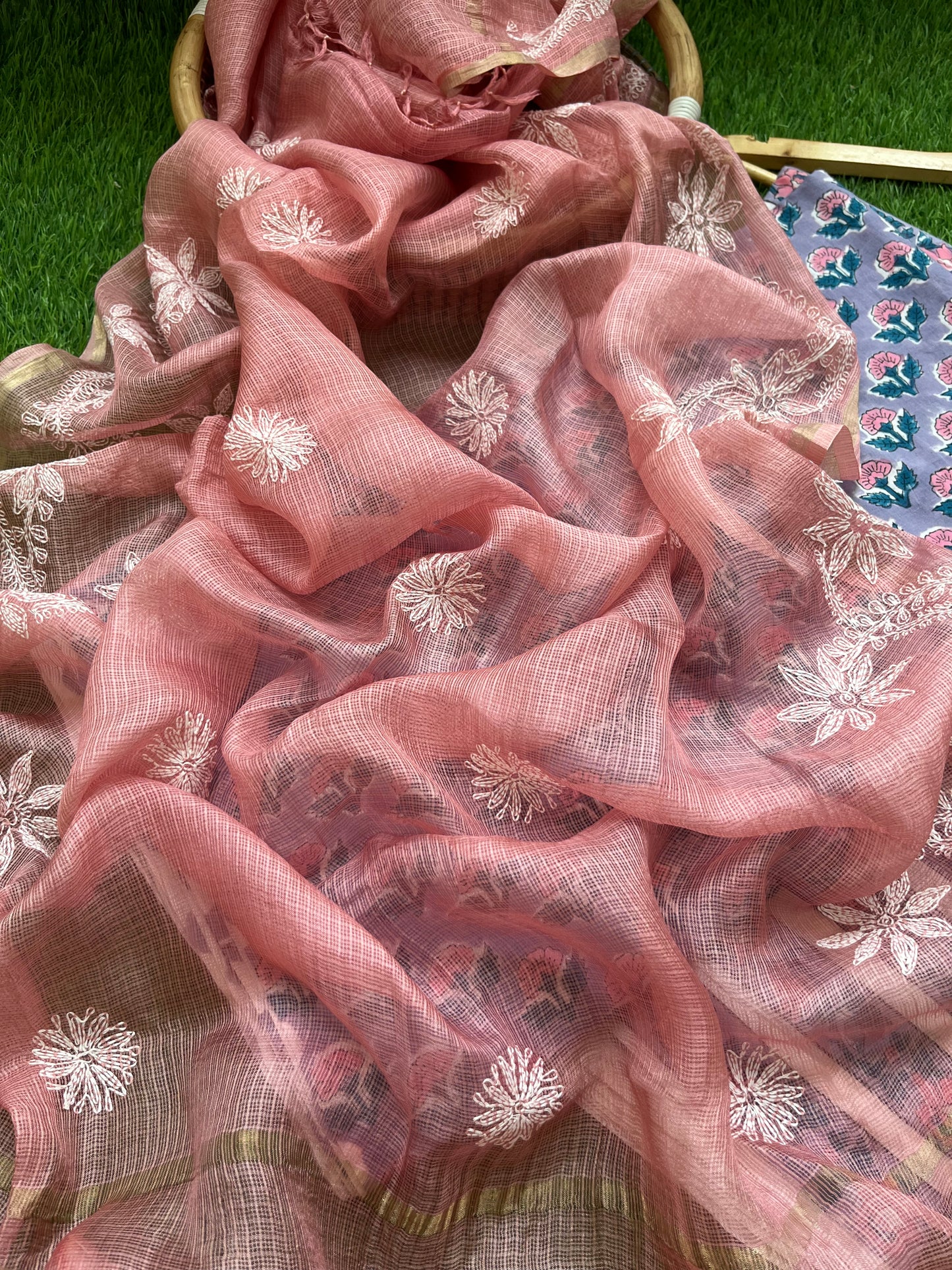 Kota silk Chikankari Dupatta with cotton kurta bottom Fabric