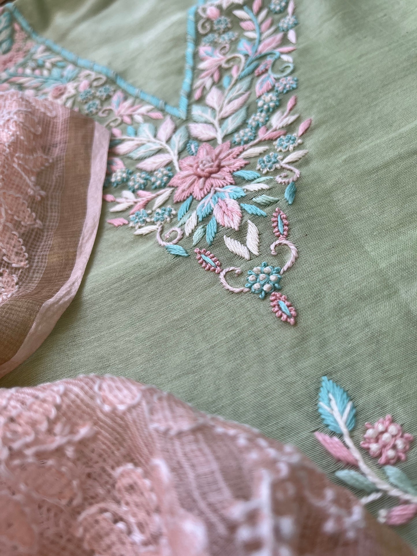 Hand embroidered chanderi kurta kota silk chikan work dupatta