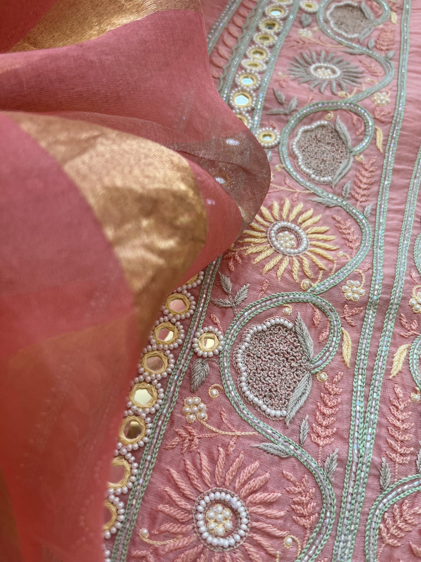 त्योहार :organza Dupatta with chanderi hand embroidered kurta bottom Fabric