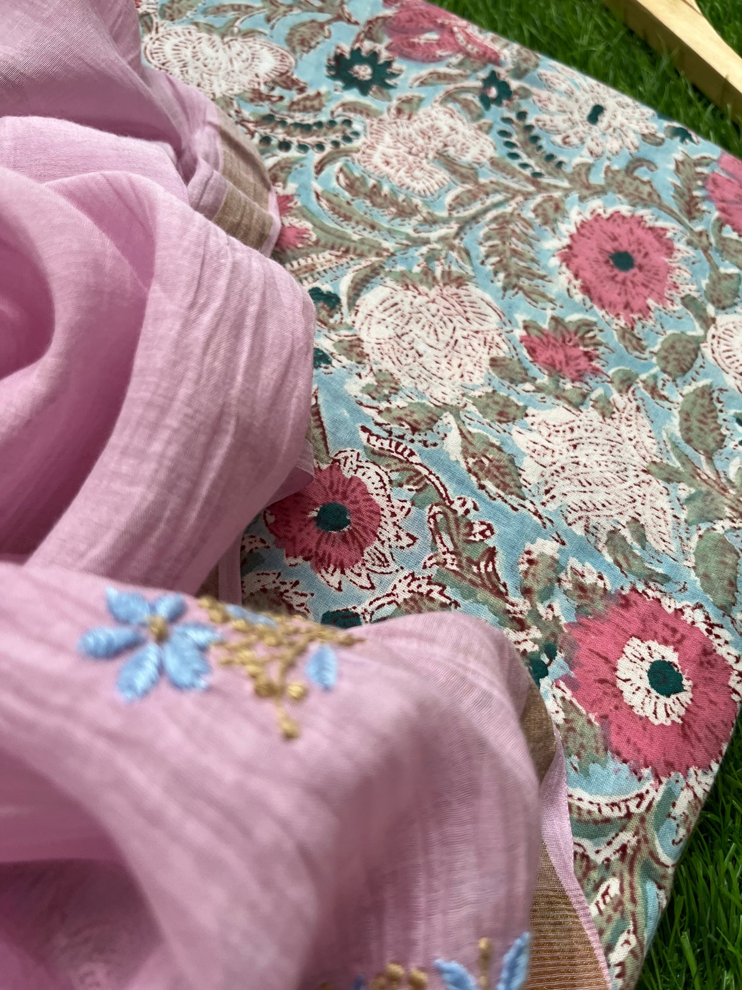 Chanderi Chikankari Dupatta with print kurta bottom Fabric