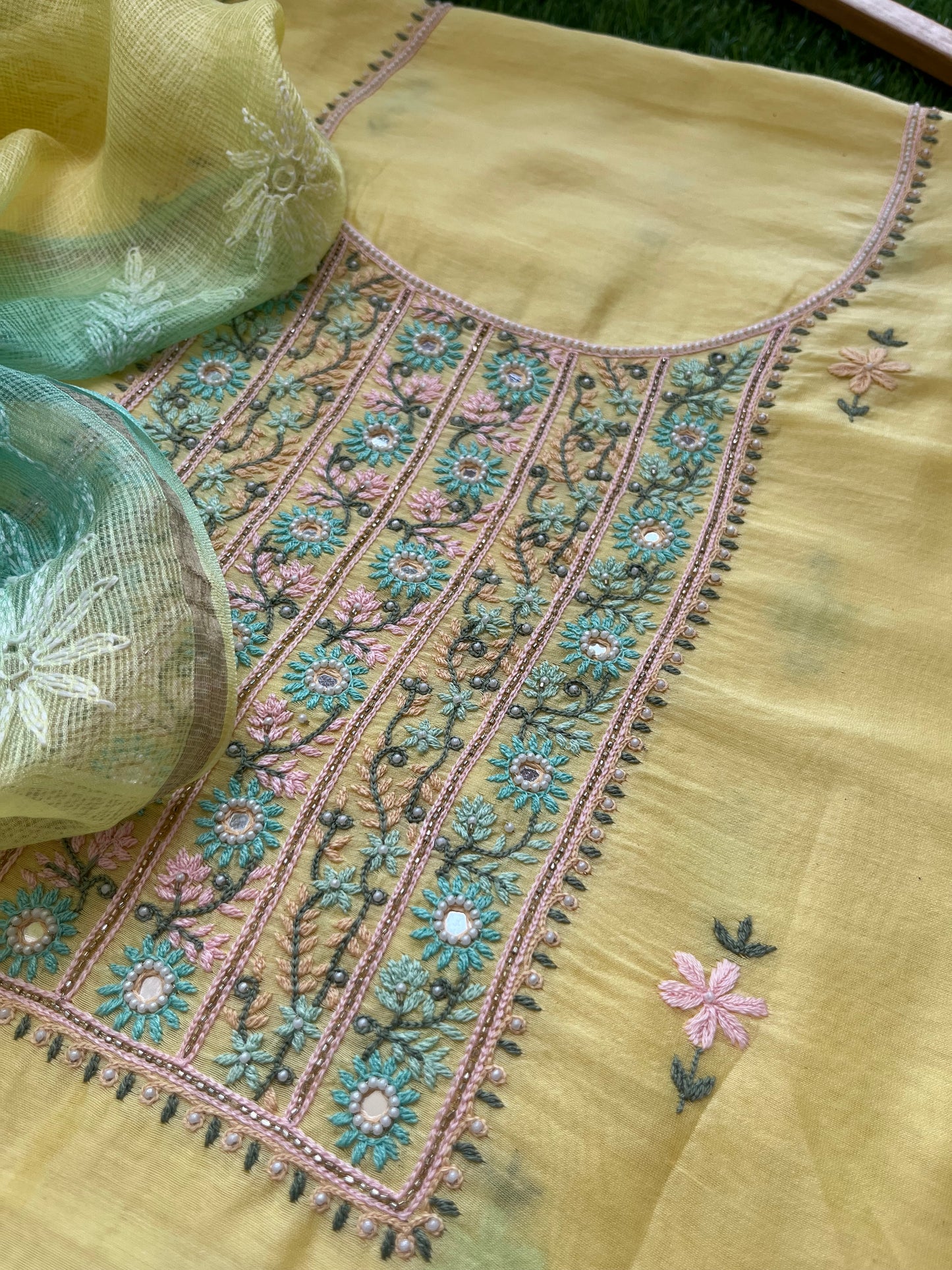 Hand embroidered chanderi kurta kota silk chikan work dupatta