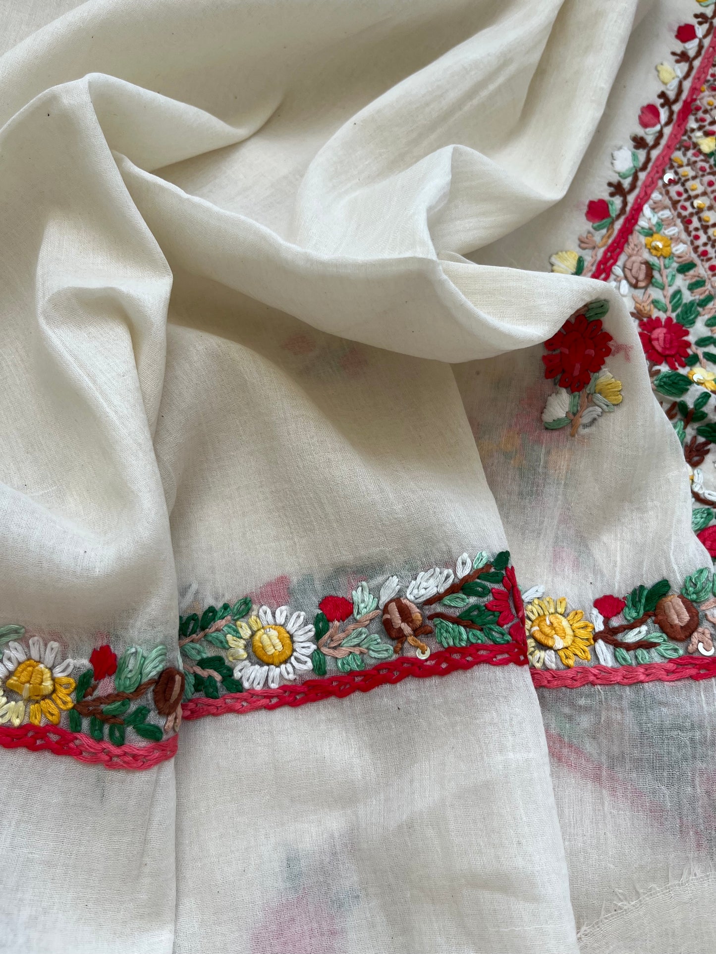 Handwoven Cotton knot work embroidered kurta dupatta and plain bottom fabric
