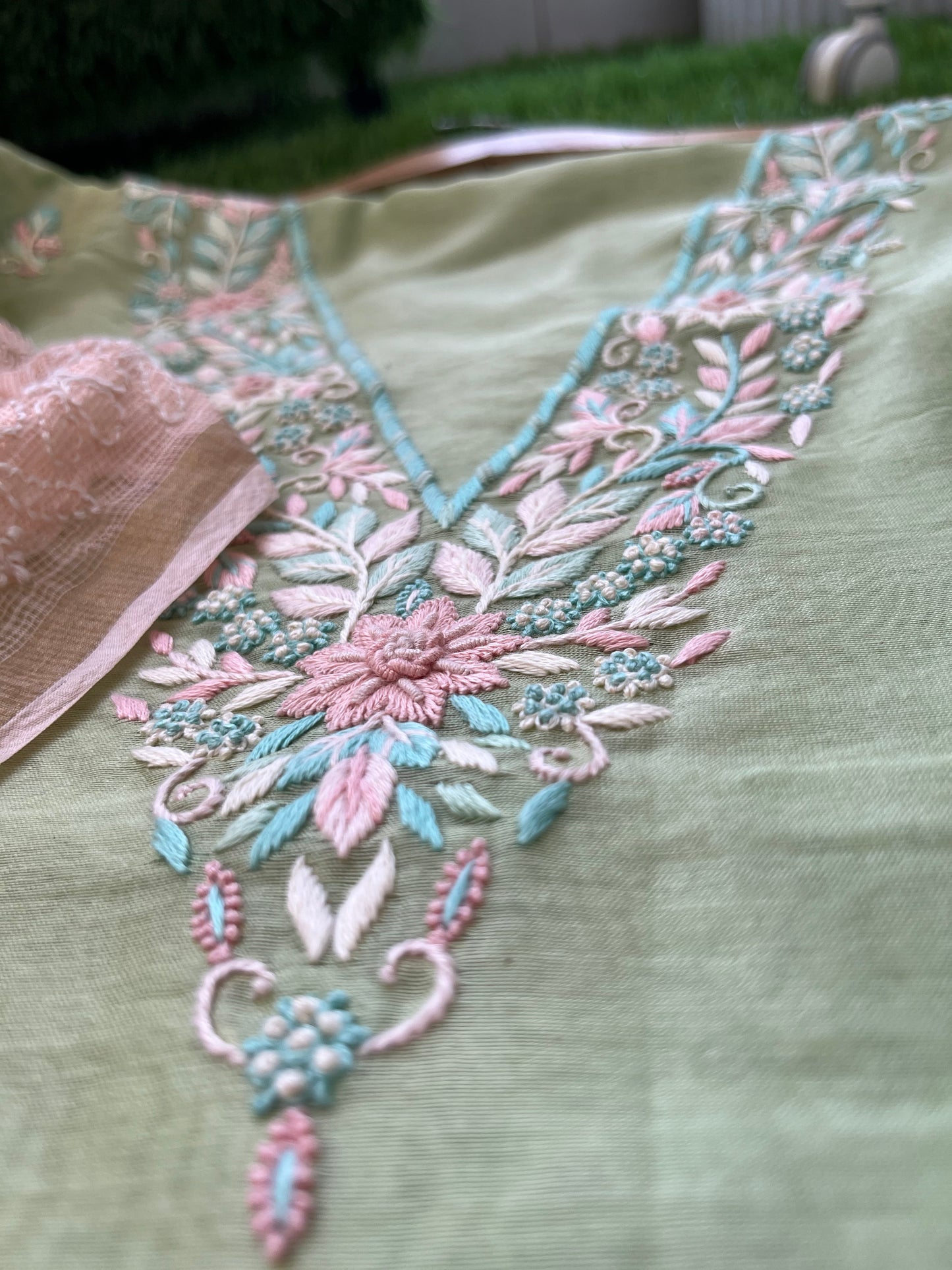 Hand embroidered chanderi kurta kota silk chikan work dupatta