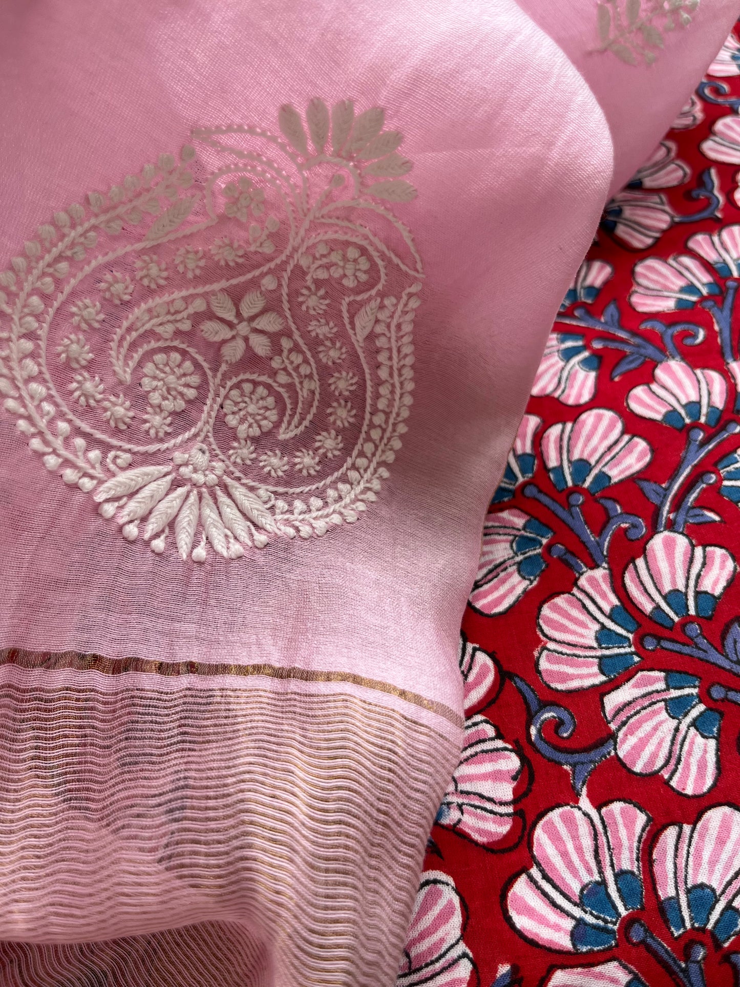 Chanderi Chikankari Dupatta with print kurta bottom Fabric