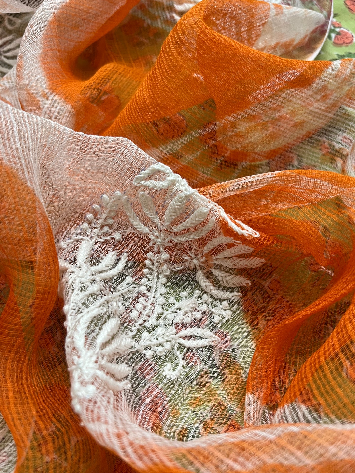 Kota doria Chikankari Dupatta with print kurta bottom Fabric