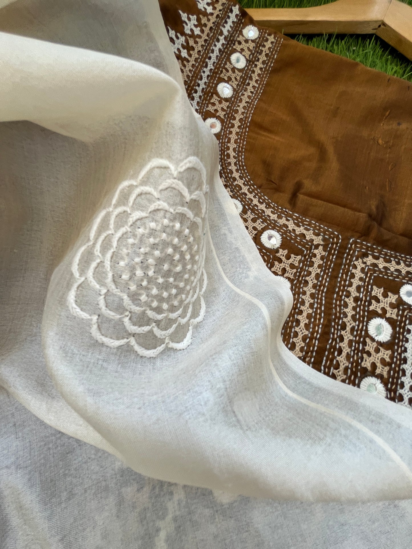 Silk sindhi work kurta fabric with silk chikankari dupatta