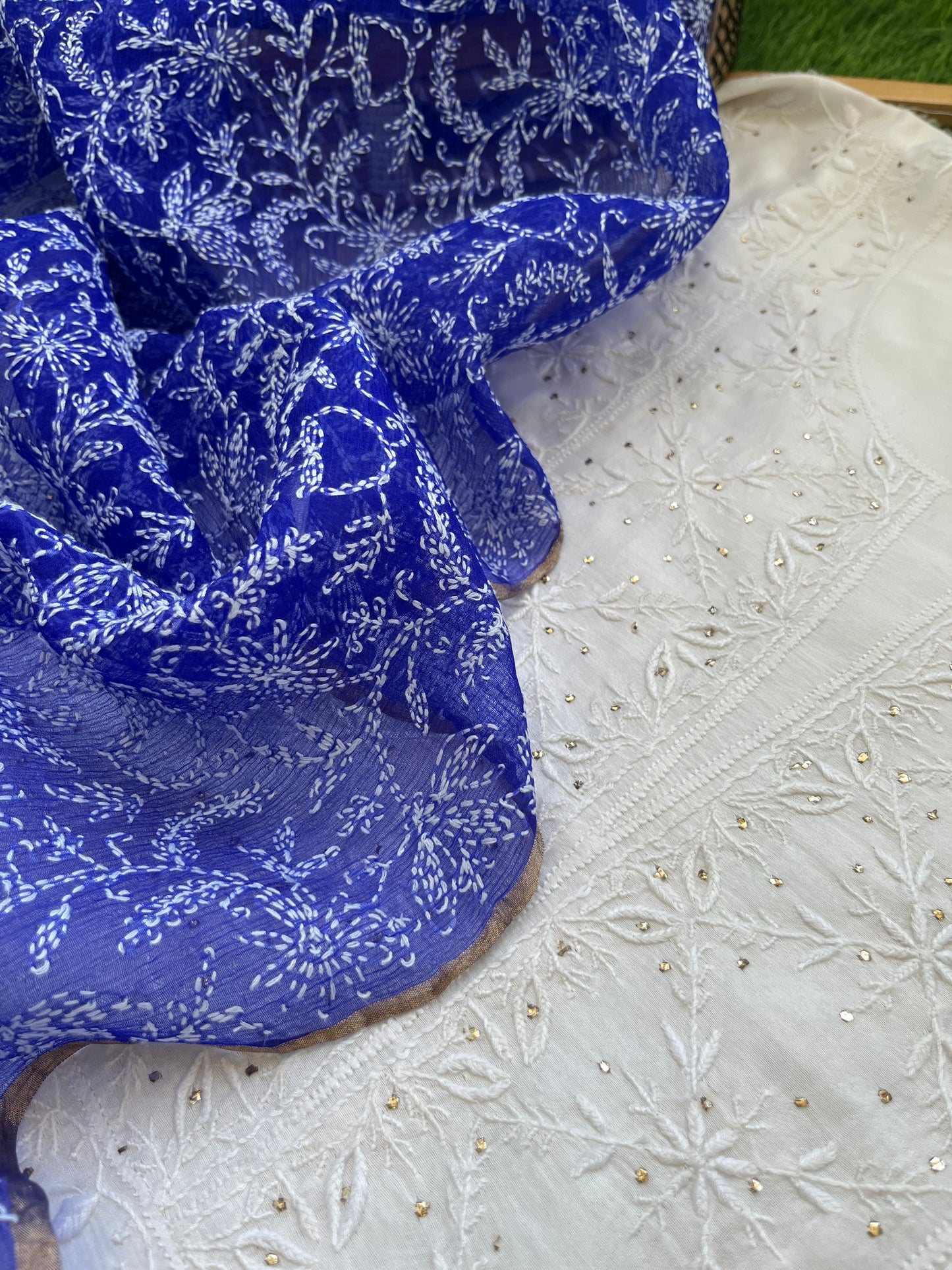 Chanderi Chikankari Kurta organza silk Dupatta