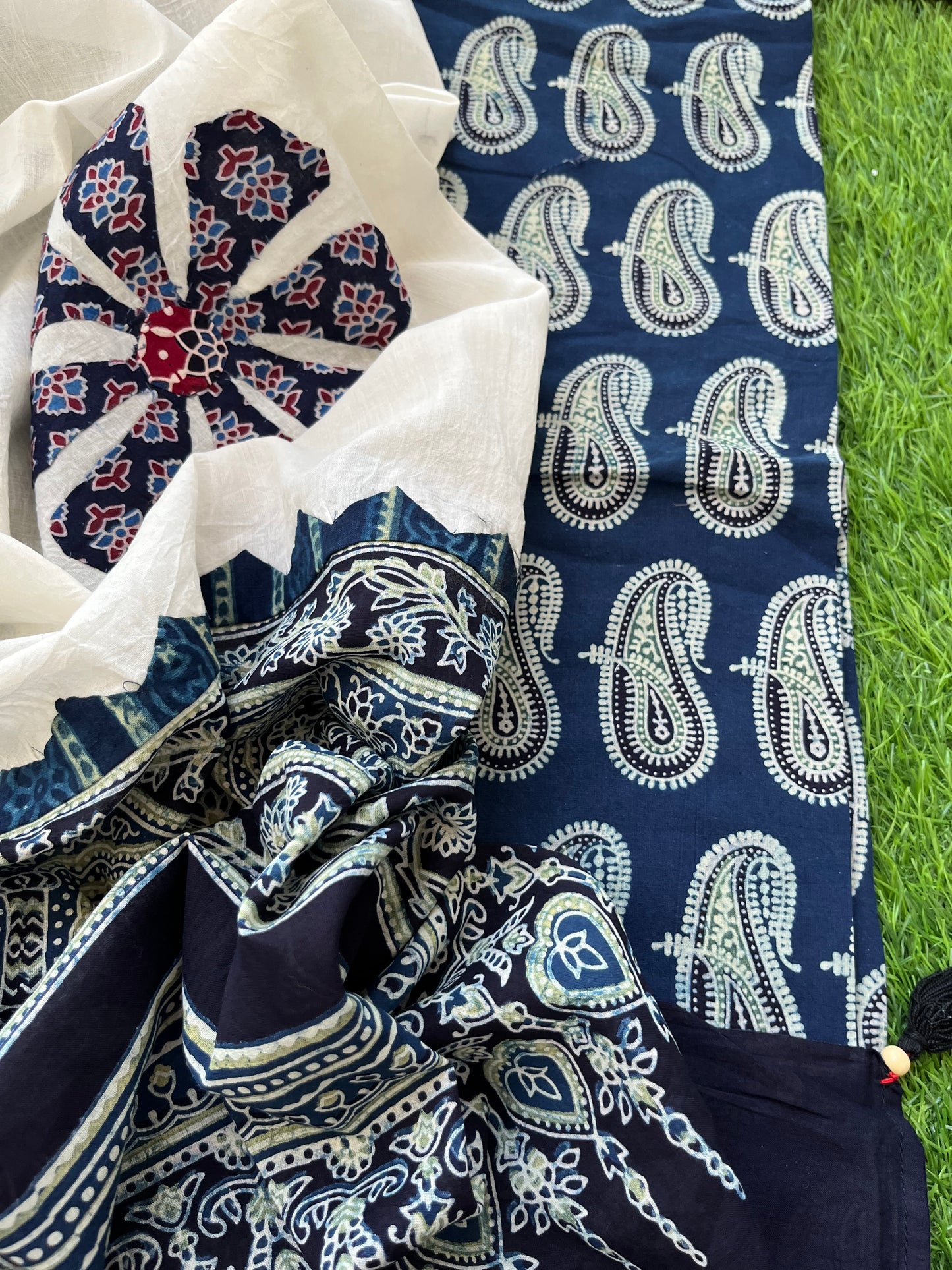 Cotton ajrakh kurta applique work dupatta set
