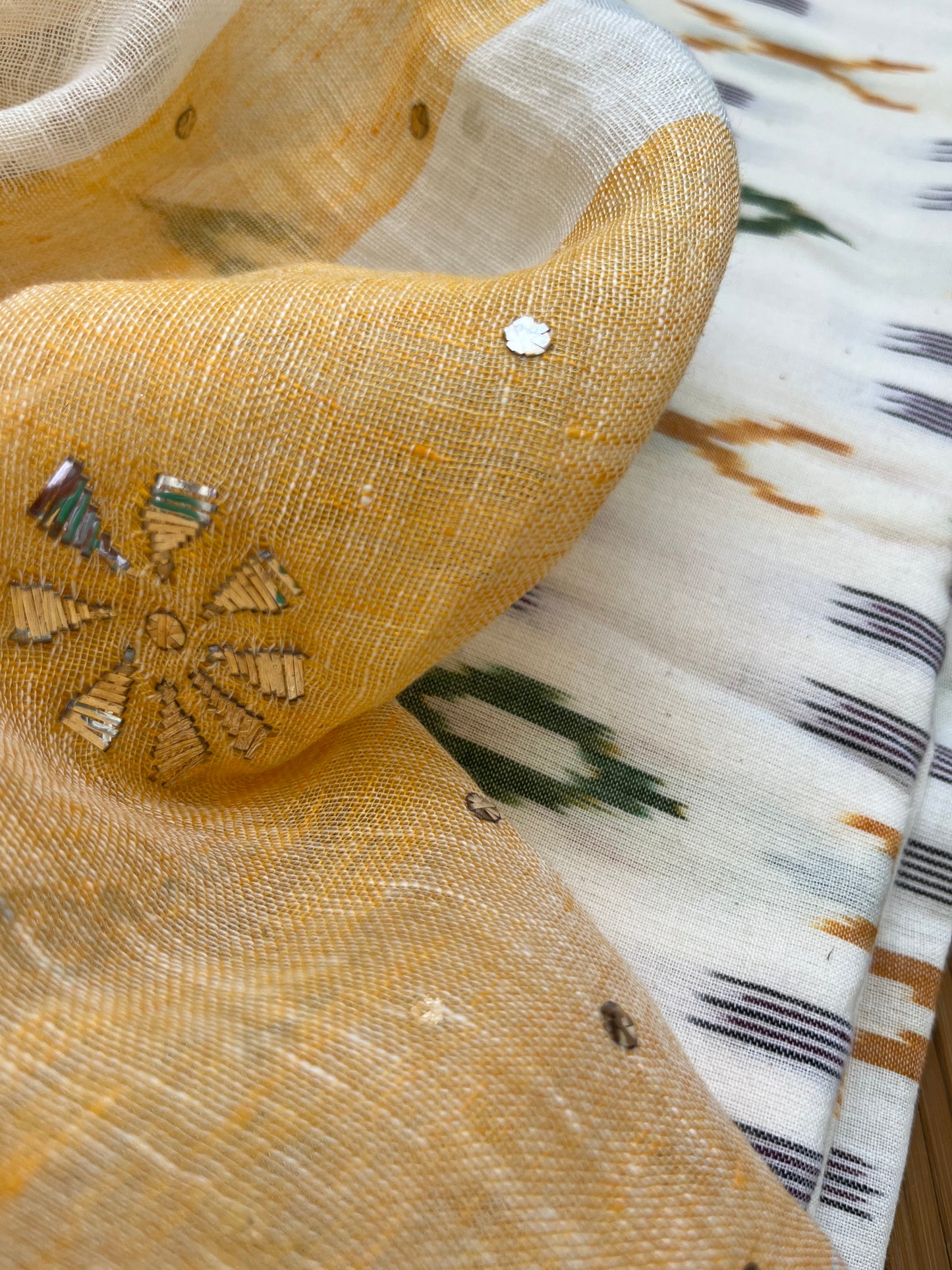 Mukaish linen dupatta cotton ikkat fabric