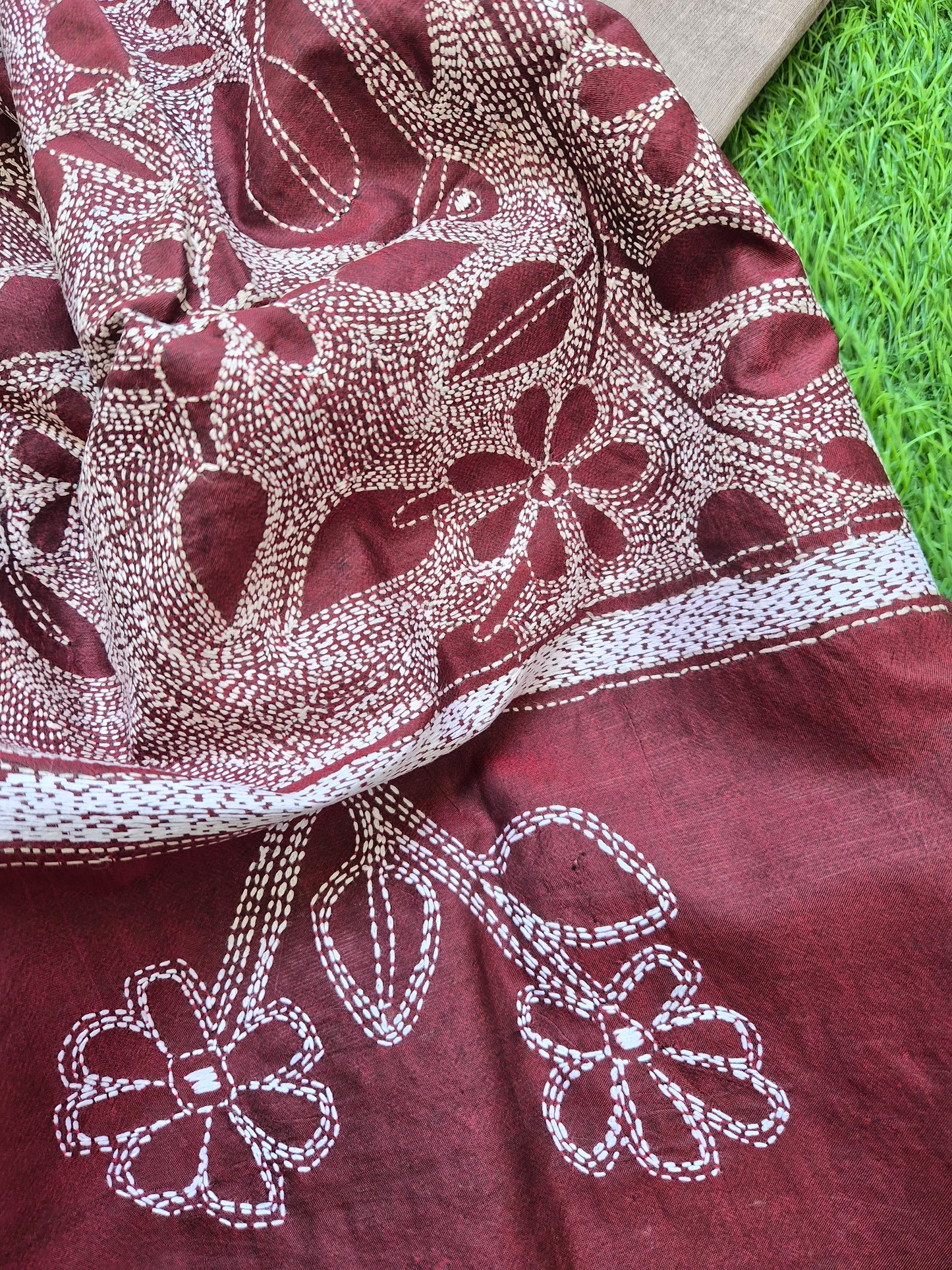 Silk Kantha Dupatta with cotton silk kurta Bottom fabric