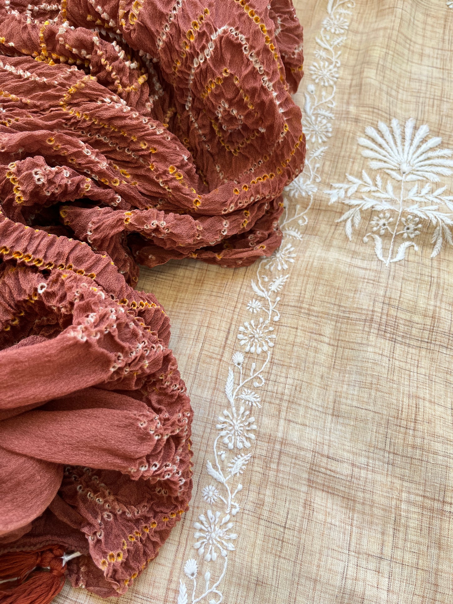 Chikankari kurta with chinon bandhani dupatta