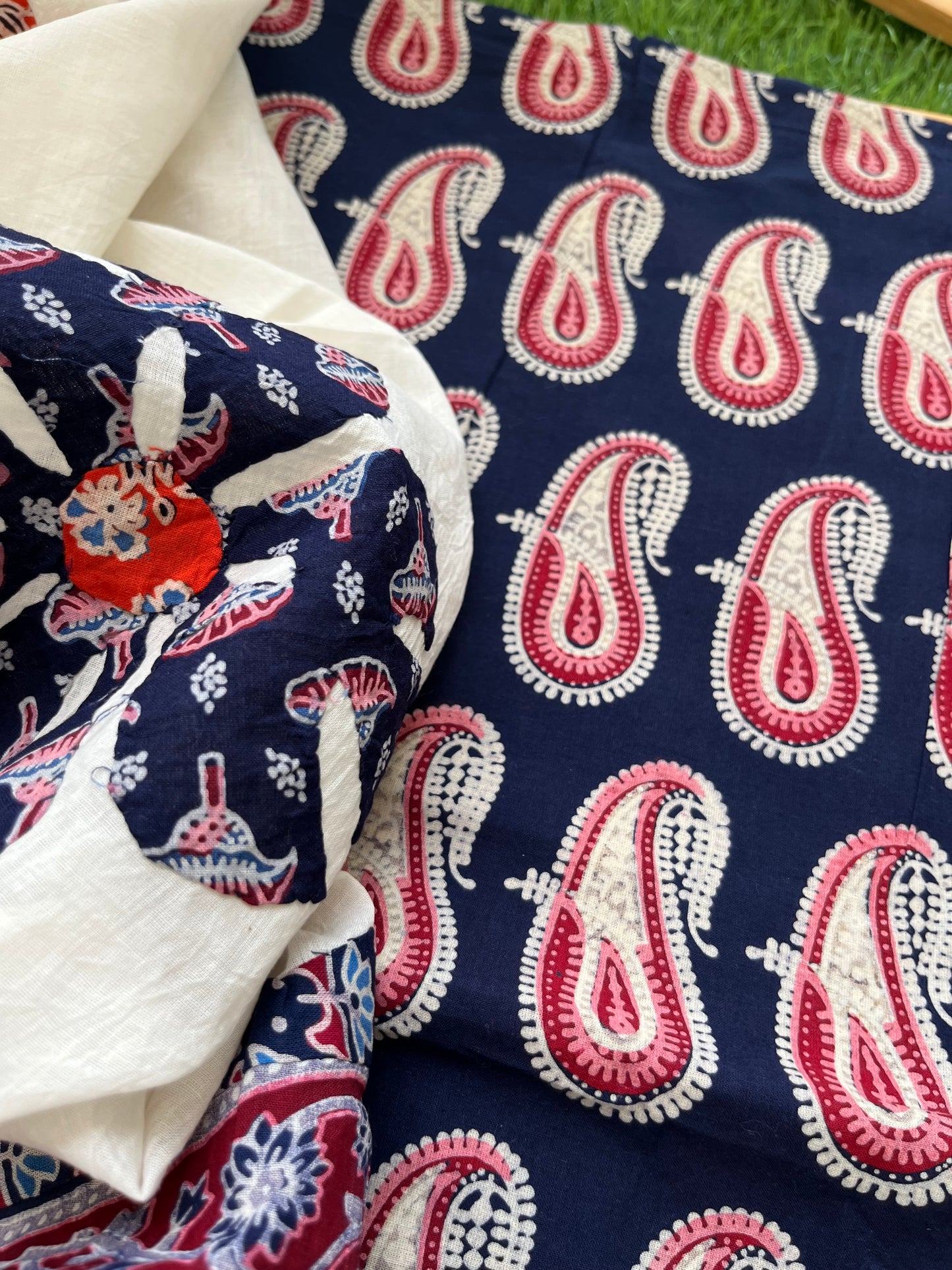 Cotton ajrakh kurta applique work dupatta set