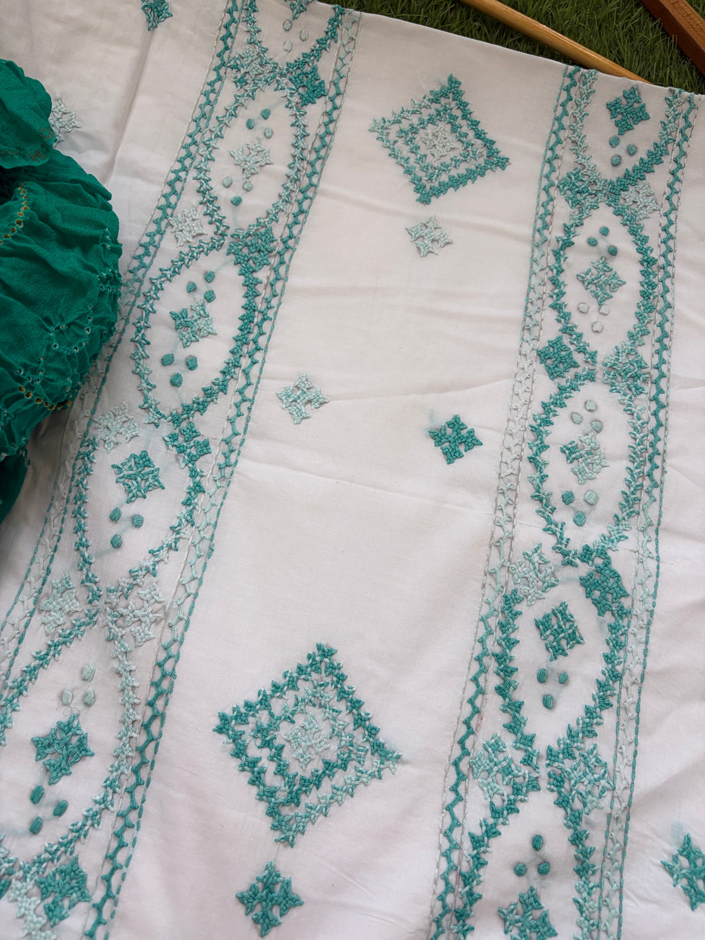 Cotton sindhi work kurta fabric with chinon dupatta
