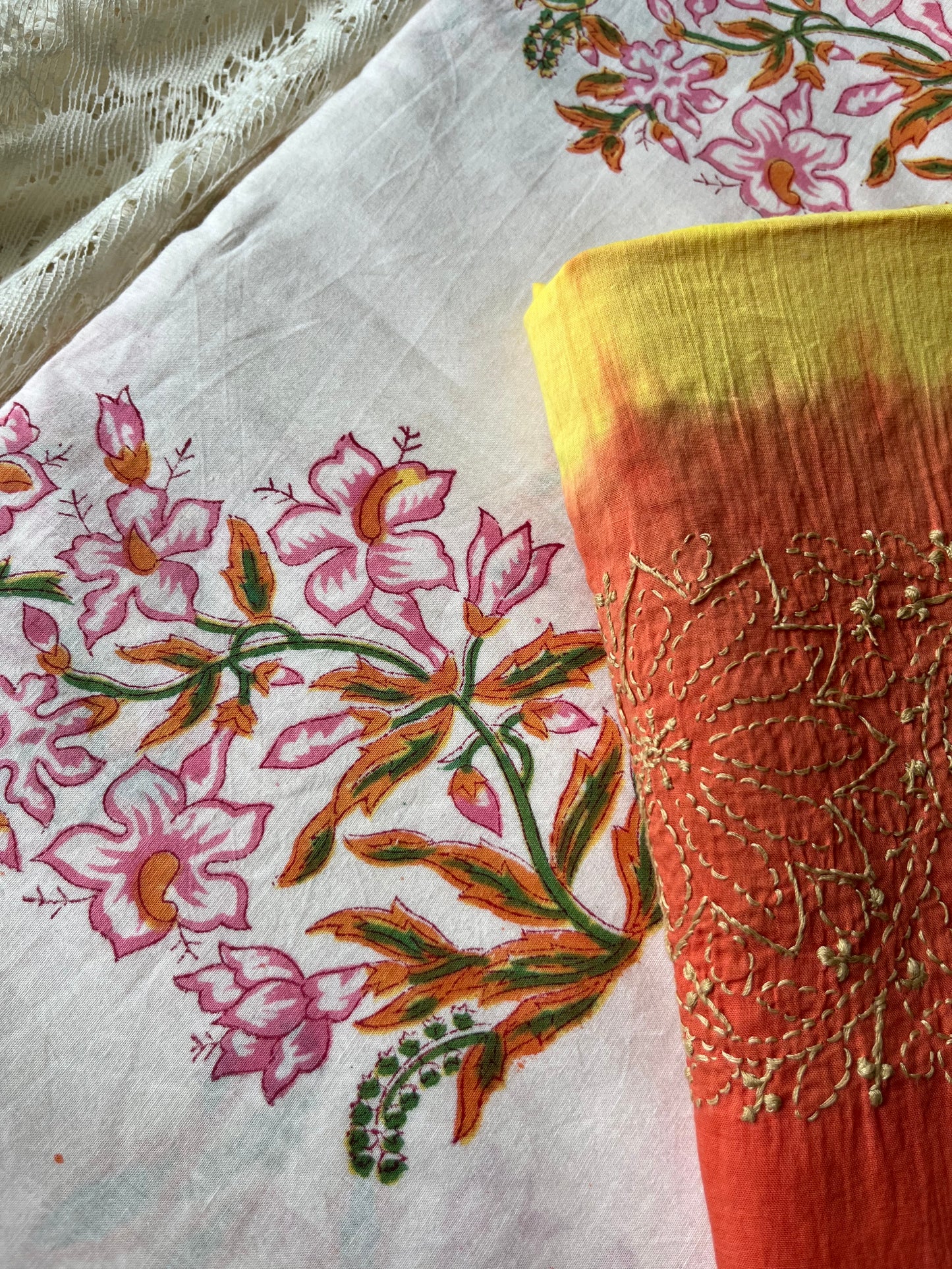 Cotton block print kurta chikankari dupatta