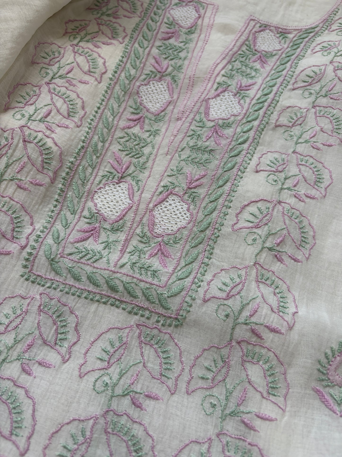 Semi stitched Chanderi Chikankari Kurta Dupatta
