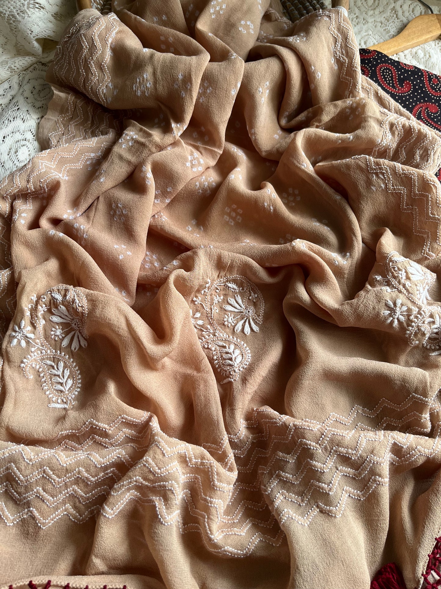 Cotton kurta bottom pure georgette chikankari bandhani dupatta