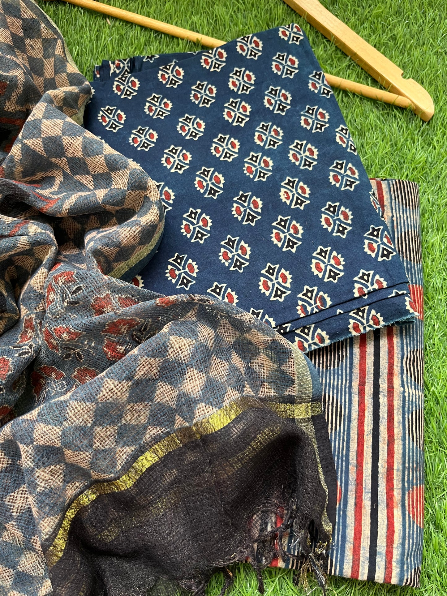Cotton block print kurta bottom kota doria ajrakh dupatta