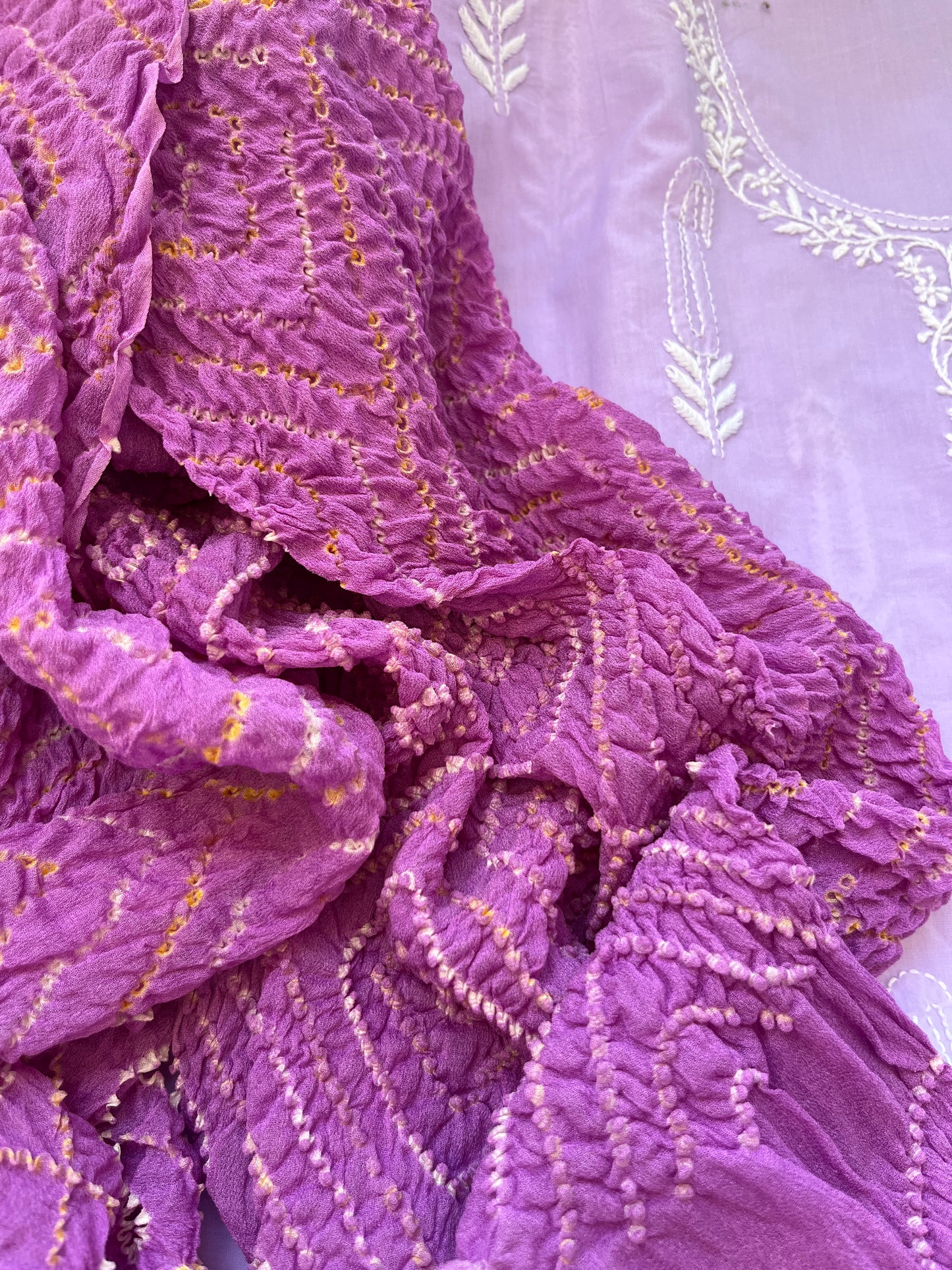 Cotton Chikankari kurta with chinon bandhani dupatta