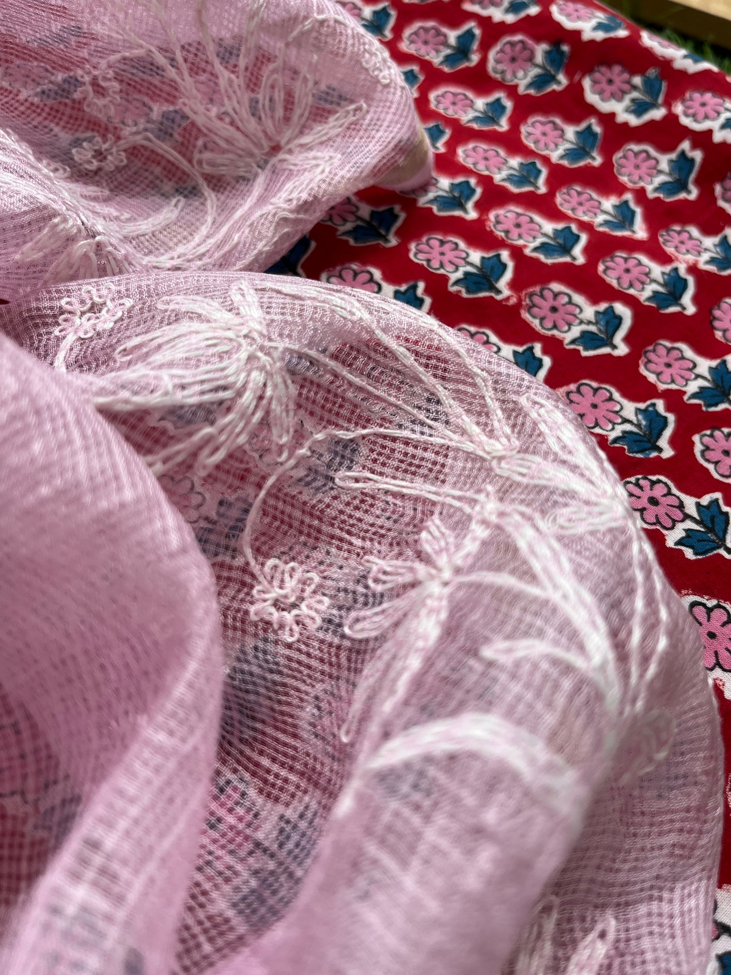 Kota silk Chikankari Dupatta with print kurta bottom Fabric