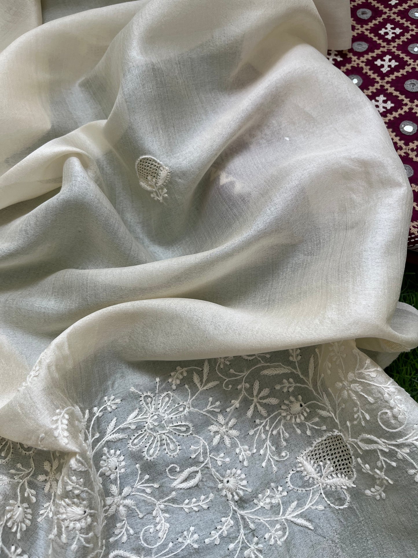 Silk sindhi work kurta fabric with silk chikankari dupatta