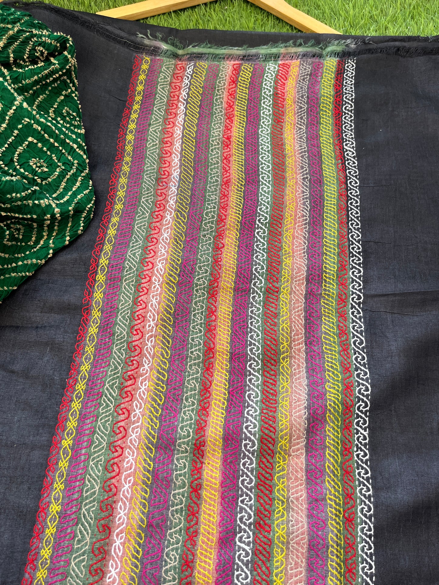 Silk kantha work kurta fabric with Bandhani ajrakh dupatta
