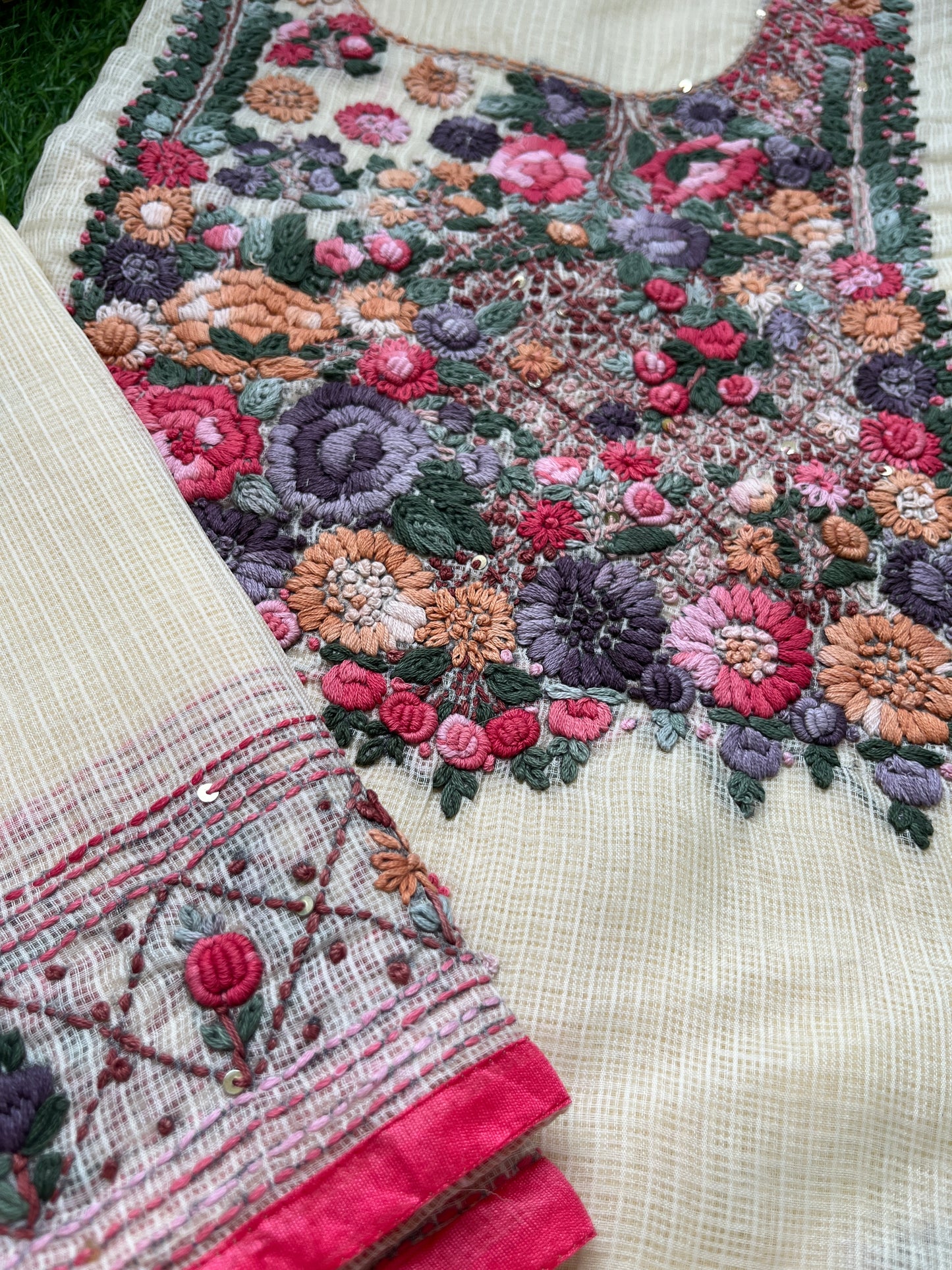 Kota hand embroidered kurta dupatta and plain bottom fabric