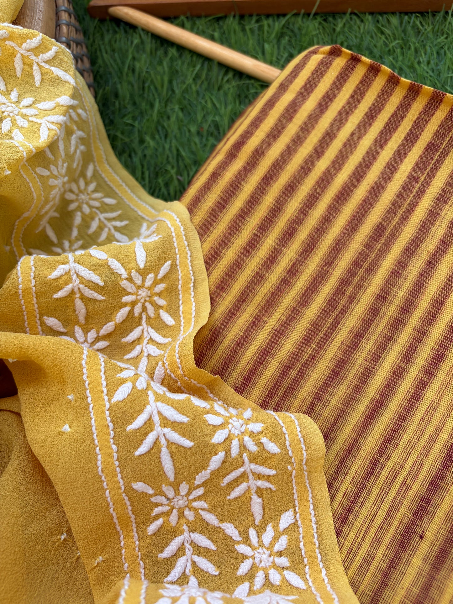 Khadi kurta bottom pure georgette chikankari bandhani dupatta