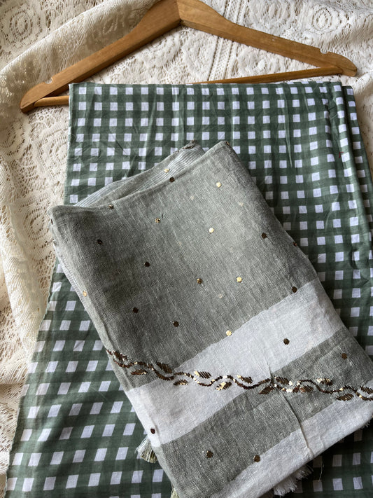Linen Mukaish work Dupatta check fabric
