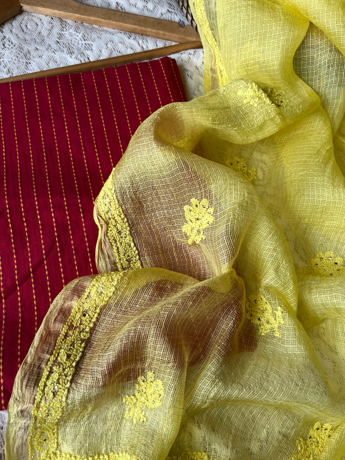 Kota silk chikankari Dupatta Mangalgiri cotton kurta fabric