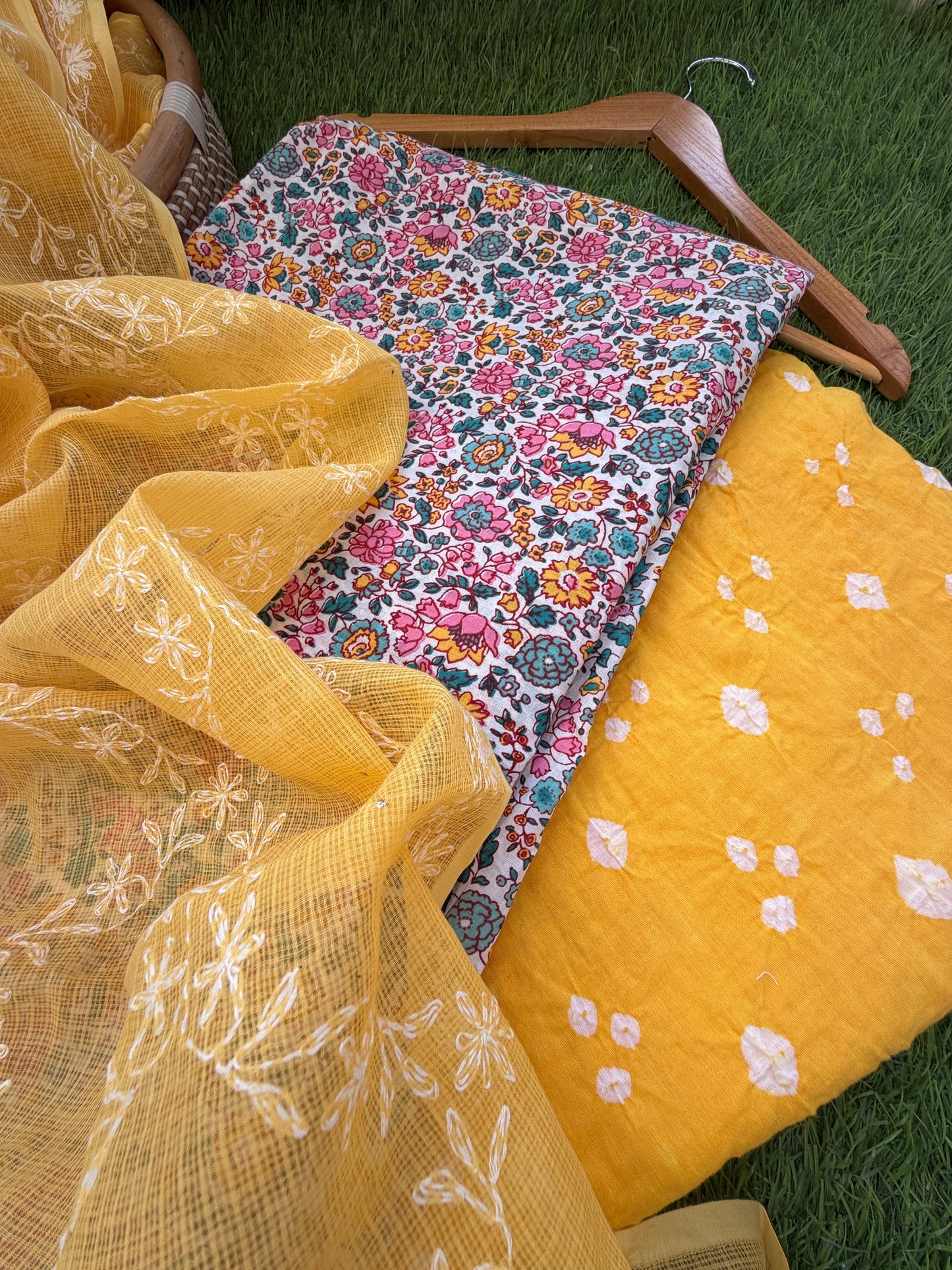 Cotton kurta bandhani bottom Kota Doria chikankari dupatta