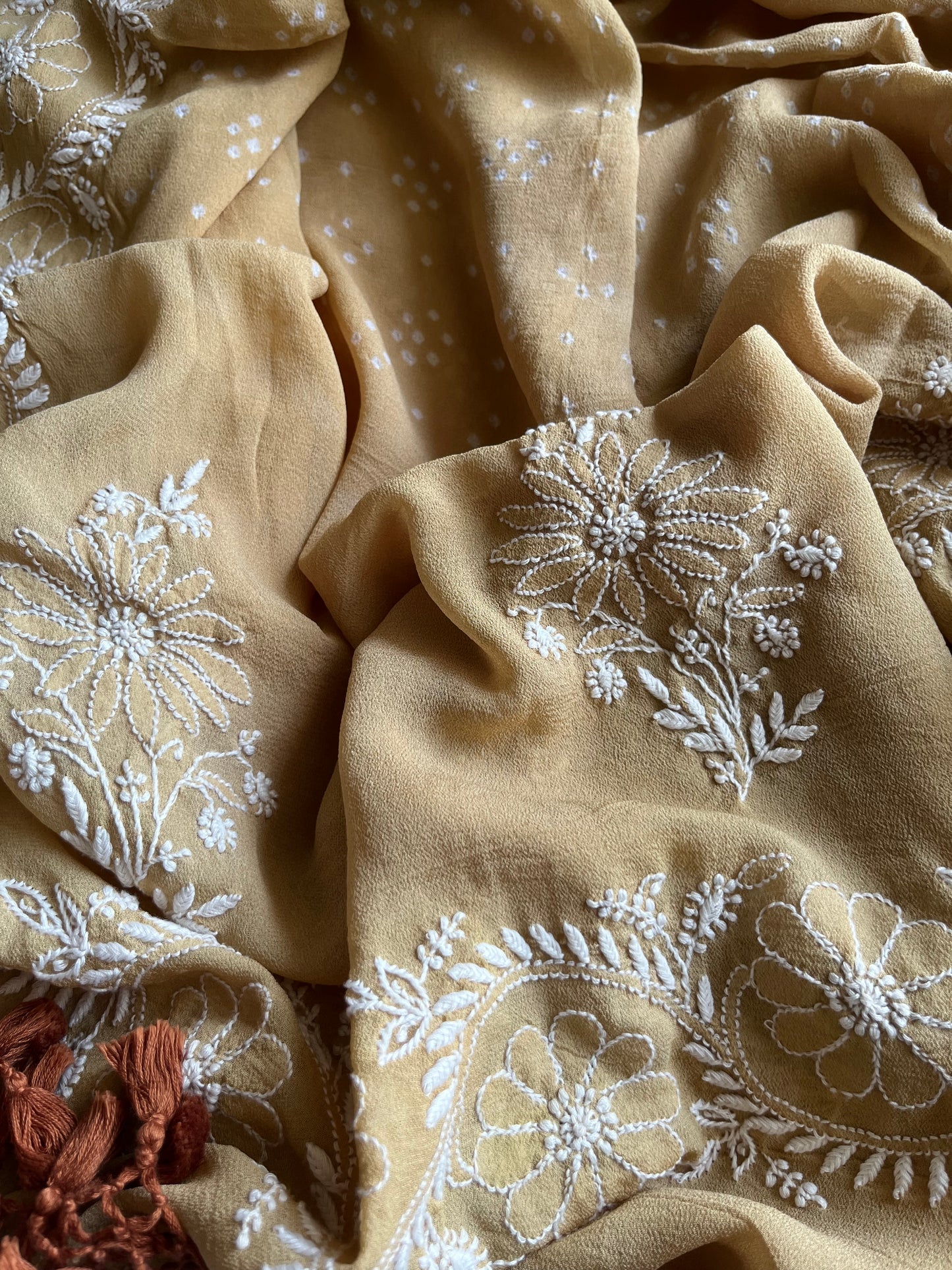 Cotton kurta bottom pure georgette chikankari bandhani dupatta