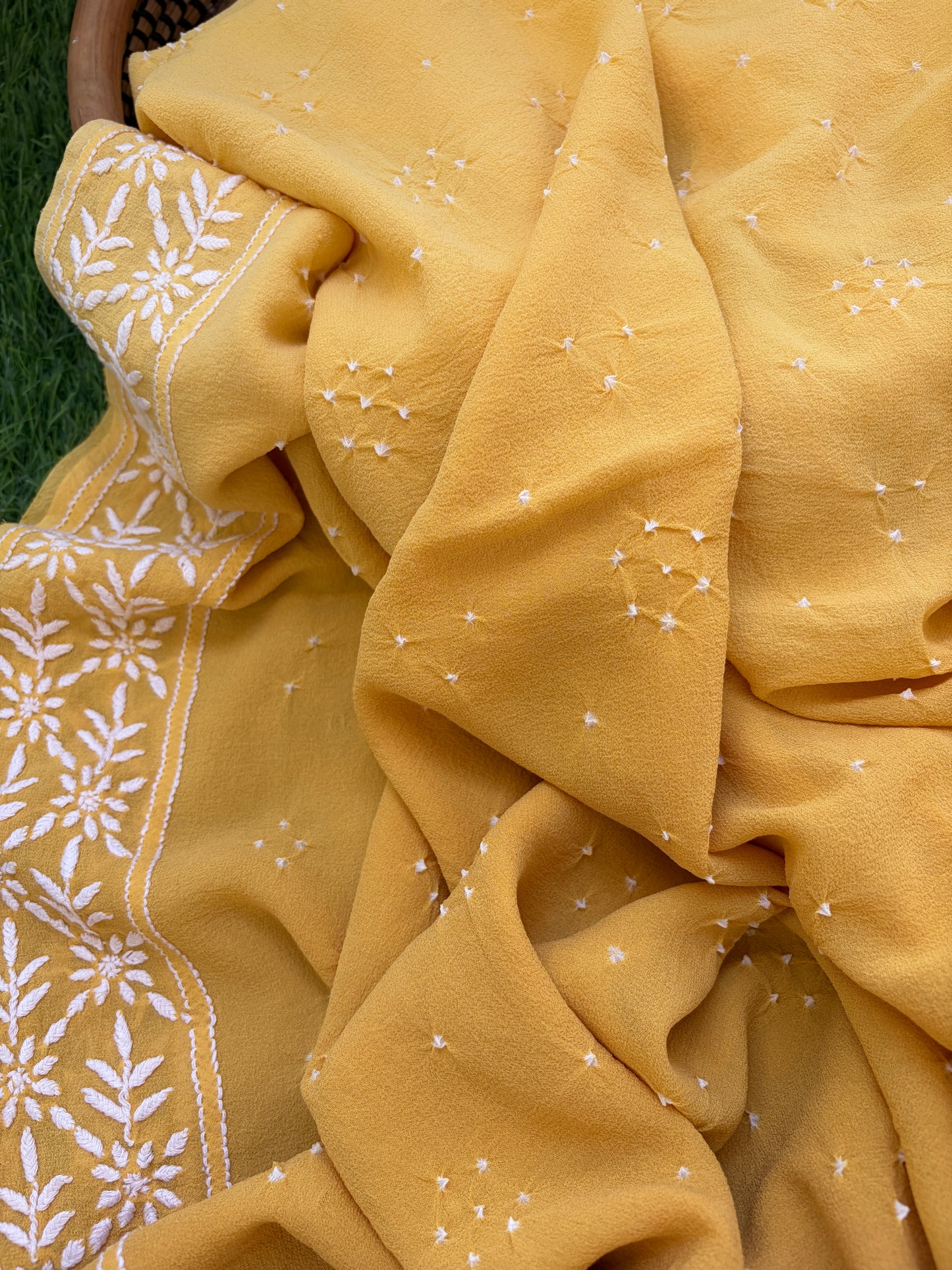 Khadi kurta bottom pure georgette chikankari bandhani dupatta