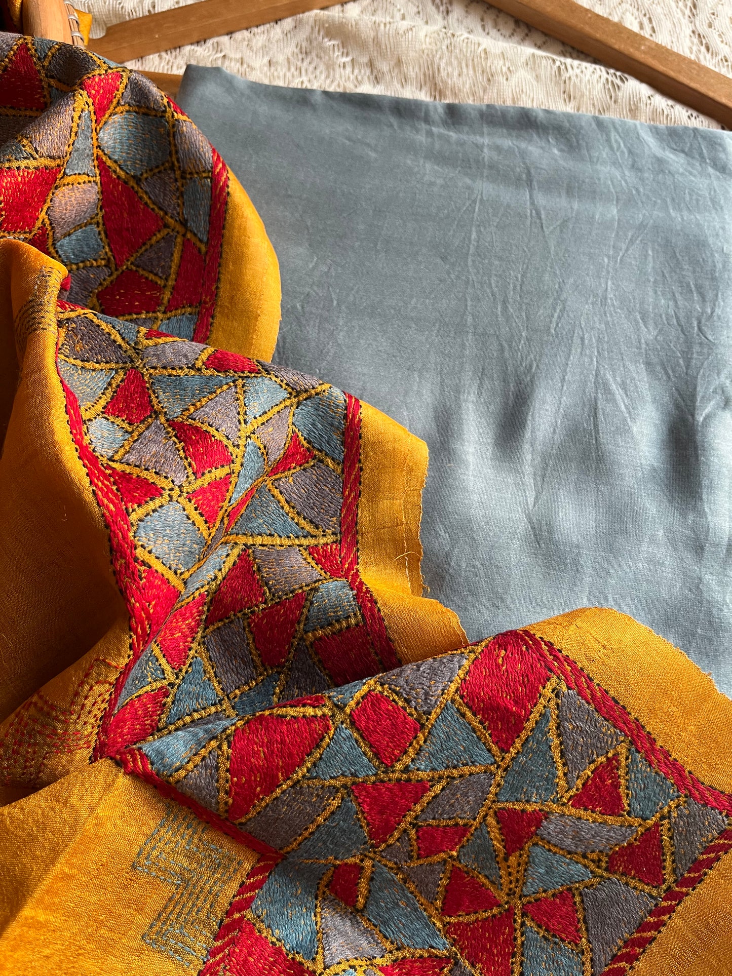 Silk Kantha Dupatta with chanderi silk kurta Bottom fabric