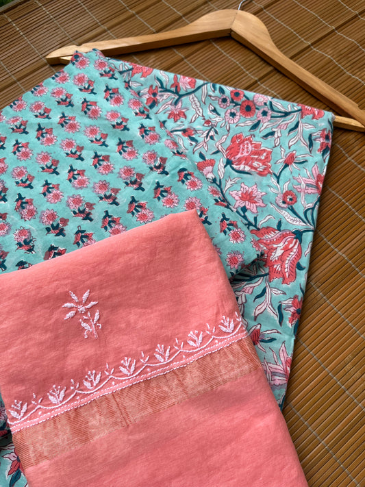 Chanderi Chikankari Dupatta with print kurta bottom Fabric