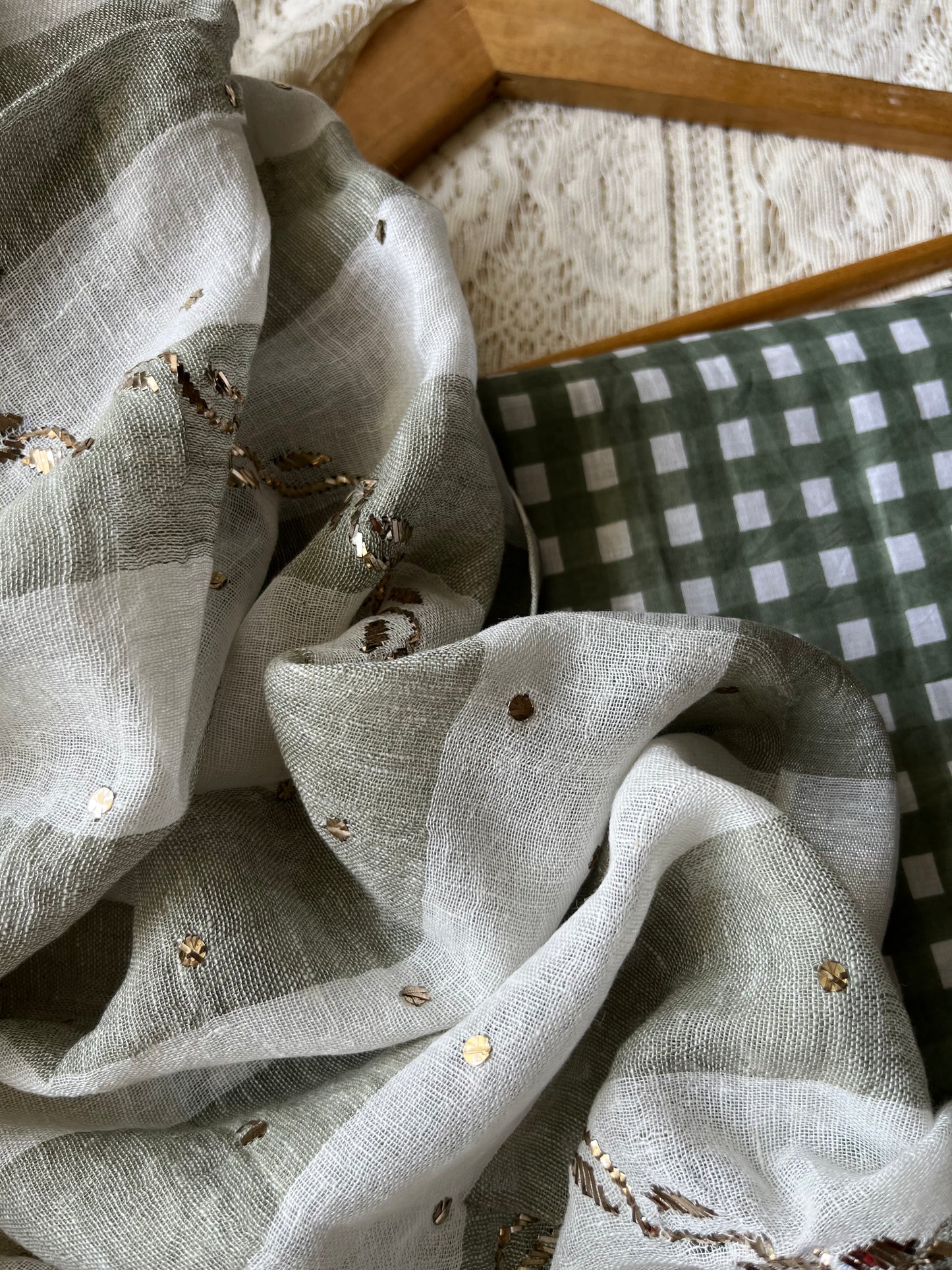 Linen Mukaish work Dupatta check fabric